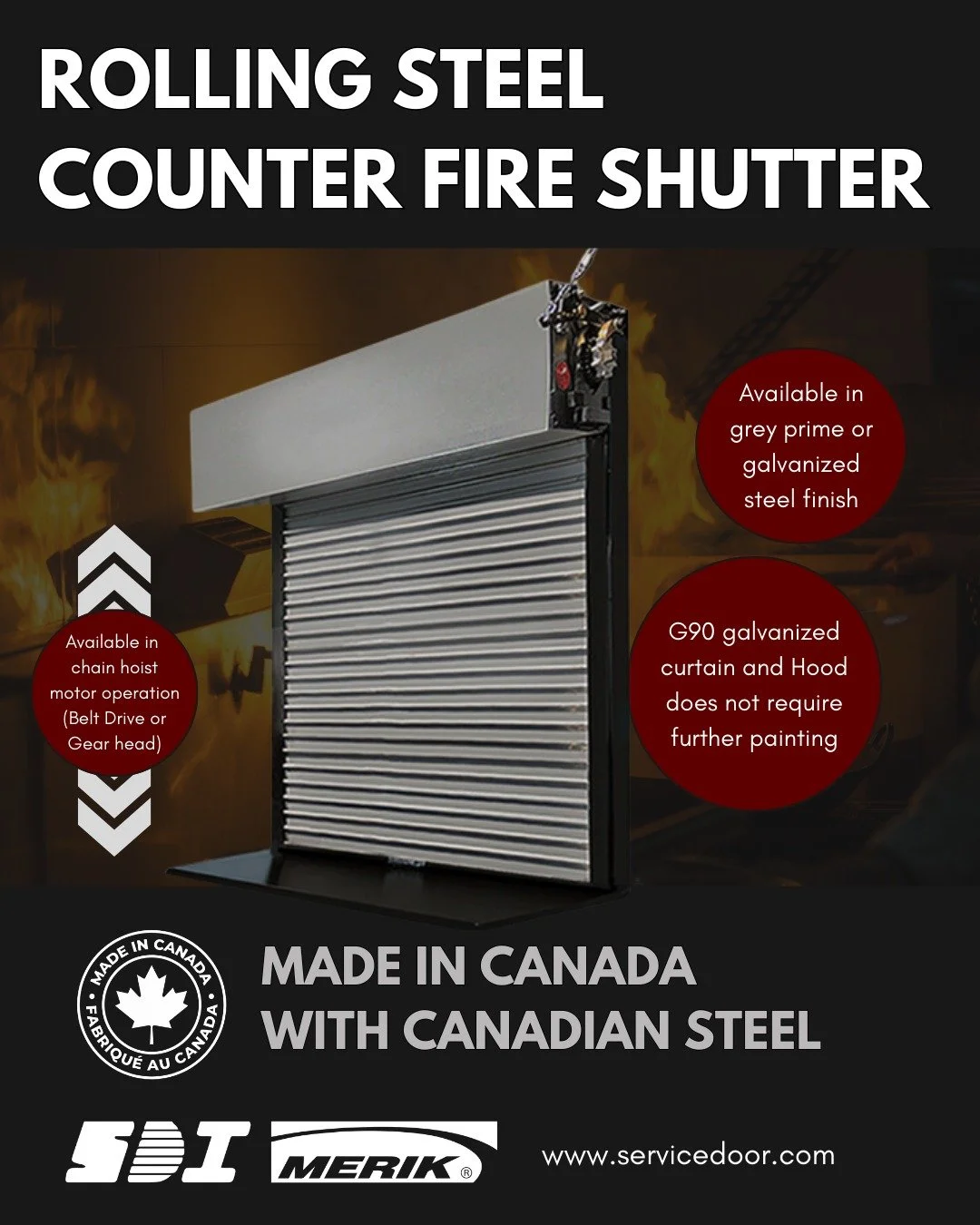 Security and safety are essential, but you don’t need to sacrifice aesthetics to get the most out of your doors.
🔩 Like all SDI Rolling Steel doors, these counter fire shutters are engineered and manufactured in Ontario using Canadian steel.