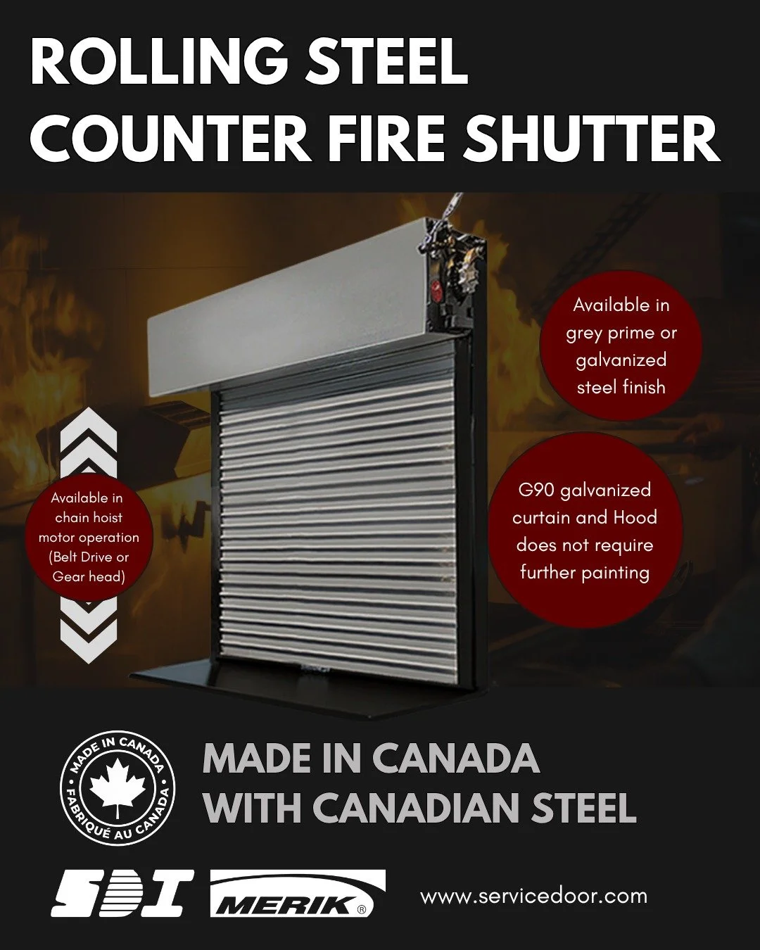 Security and safety are essential, but you don’t need to sacrifice aesthetics to get the most out of your doors.
🔩 Like all SDI Rolling Steel doors, these counter fire shutters are engineered and manufactured in Ontario using Canadian steel.