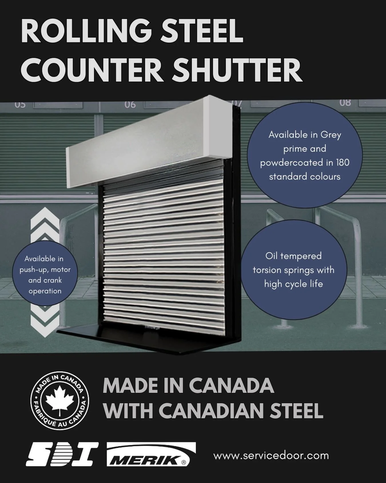 Made in Canada 🍁 Using Canadian steel, SDI Counter Doors are designed to secure your space while maintaining aesthetic appeal. 
🎨Available in prime grey finish or 180 standard powder coat colours, making it easy to suit any space. 
🔒Locking mechan