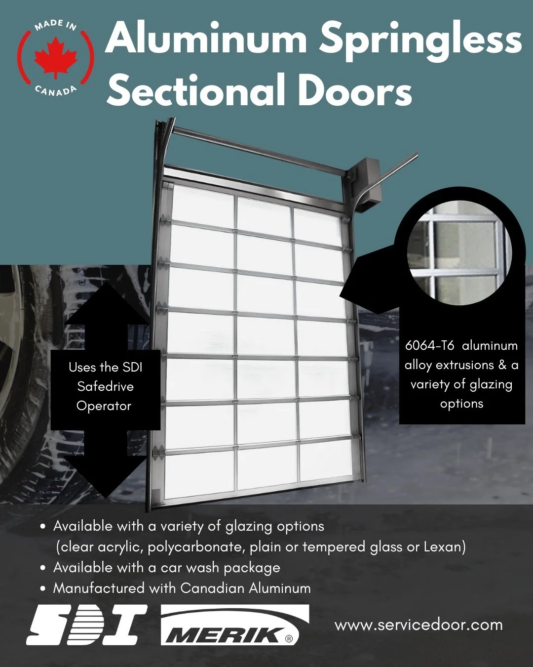 🍁 Proudly Canadian since 1988. SDI Springless Sectional Aluminum Doors are manufactured in Canada using high-quality Canadian aluminum.

- They provide an attractive solution when unobstructed visibility is essential

- All components are proven thr