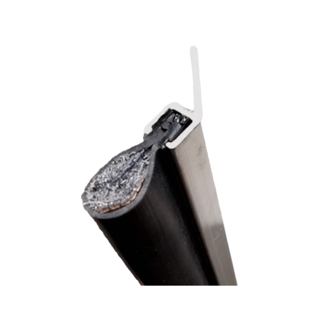 Close-up of aluminum retainer and rubber rodent block vertical dock leveller seal.