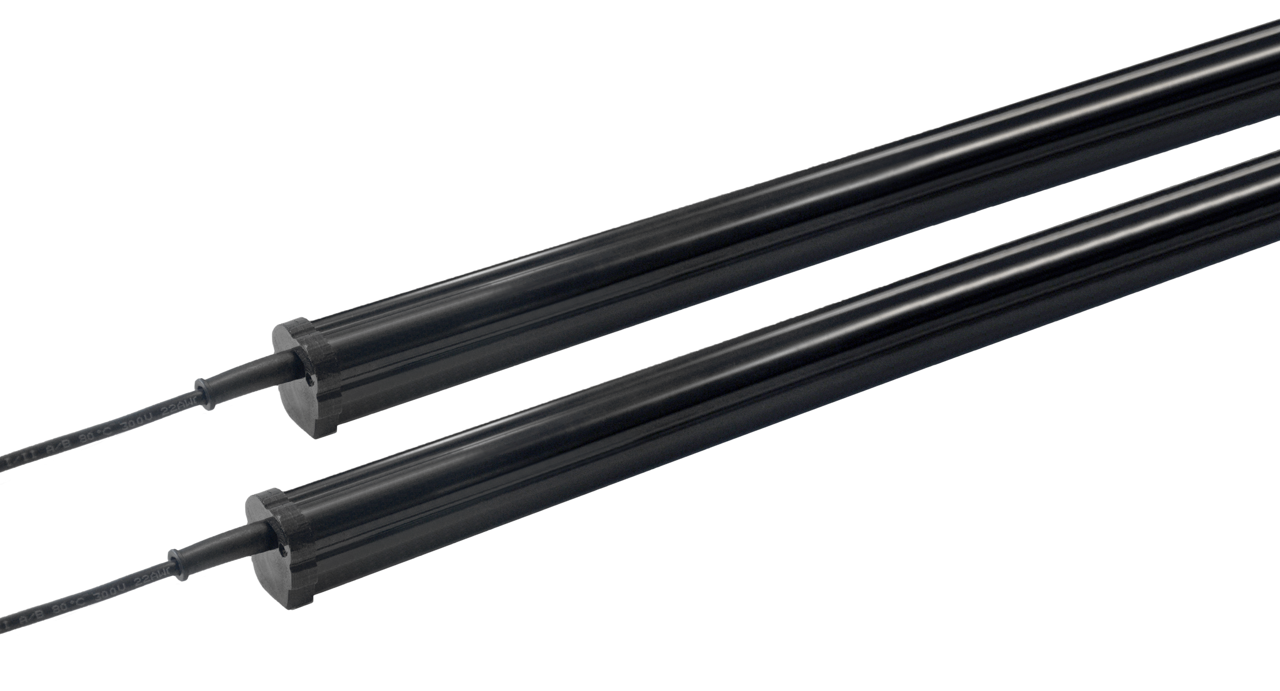 Two black cylindrical electric monitored or relay light curtains.