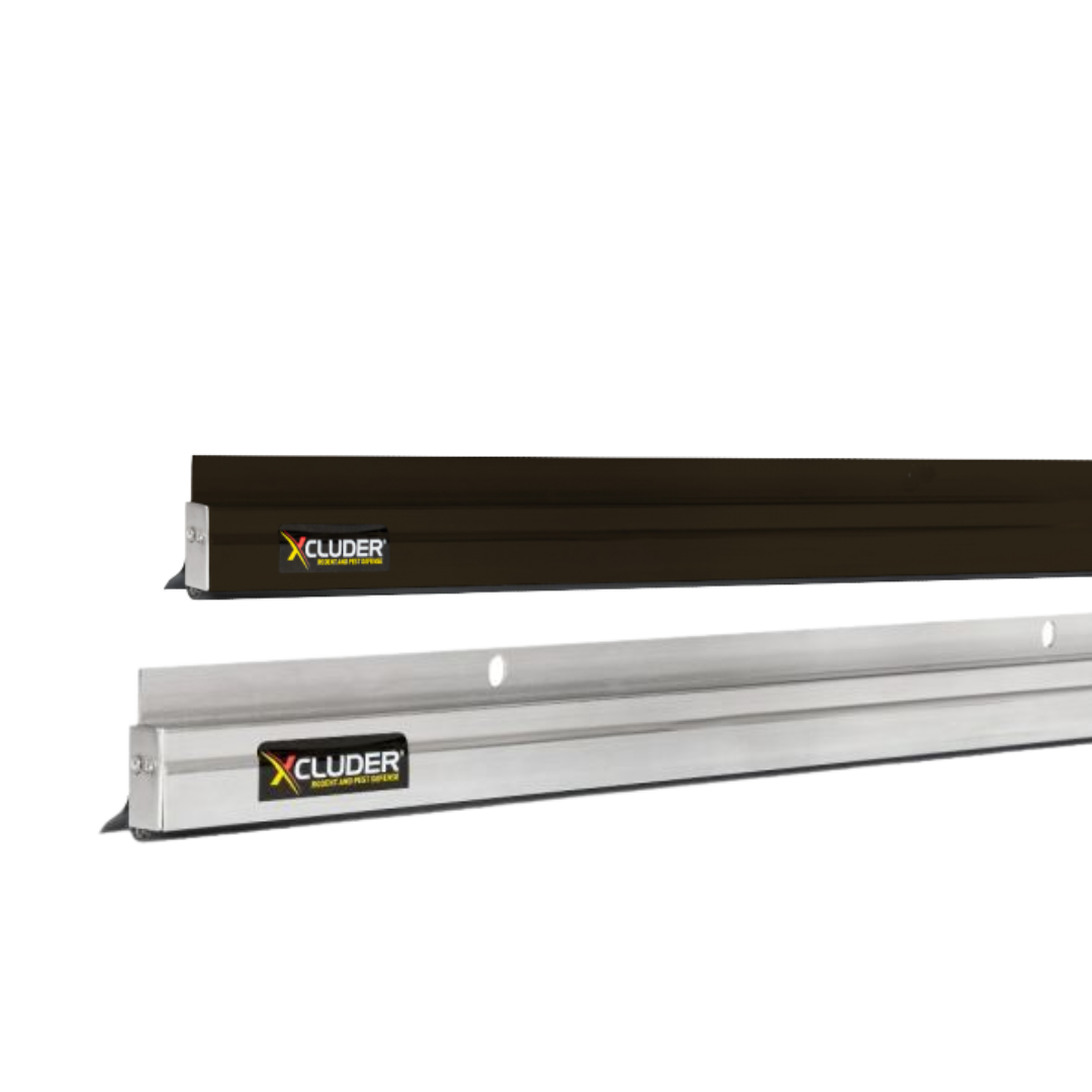 Two low-profile door sweeps, one black and one silver, each with an XCluder logo sticker.