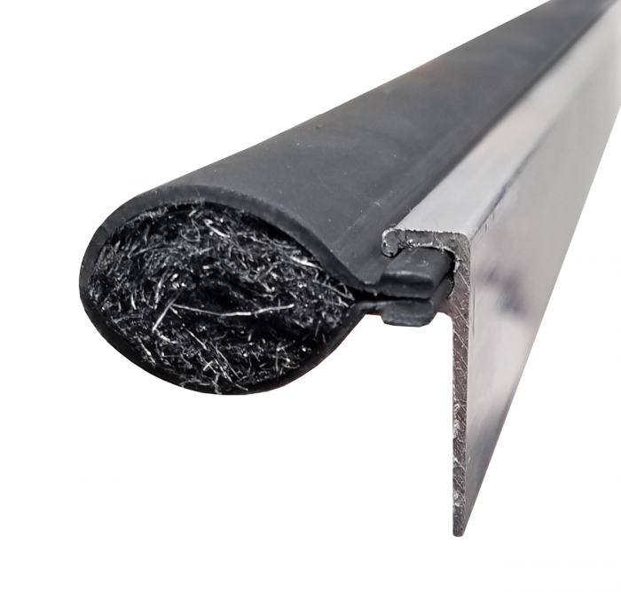 Close-up of aluminum retainer and rubber rodent block dock leveller seal.