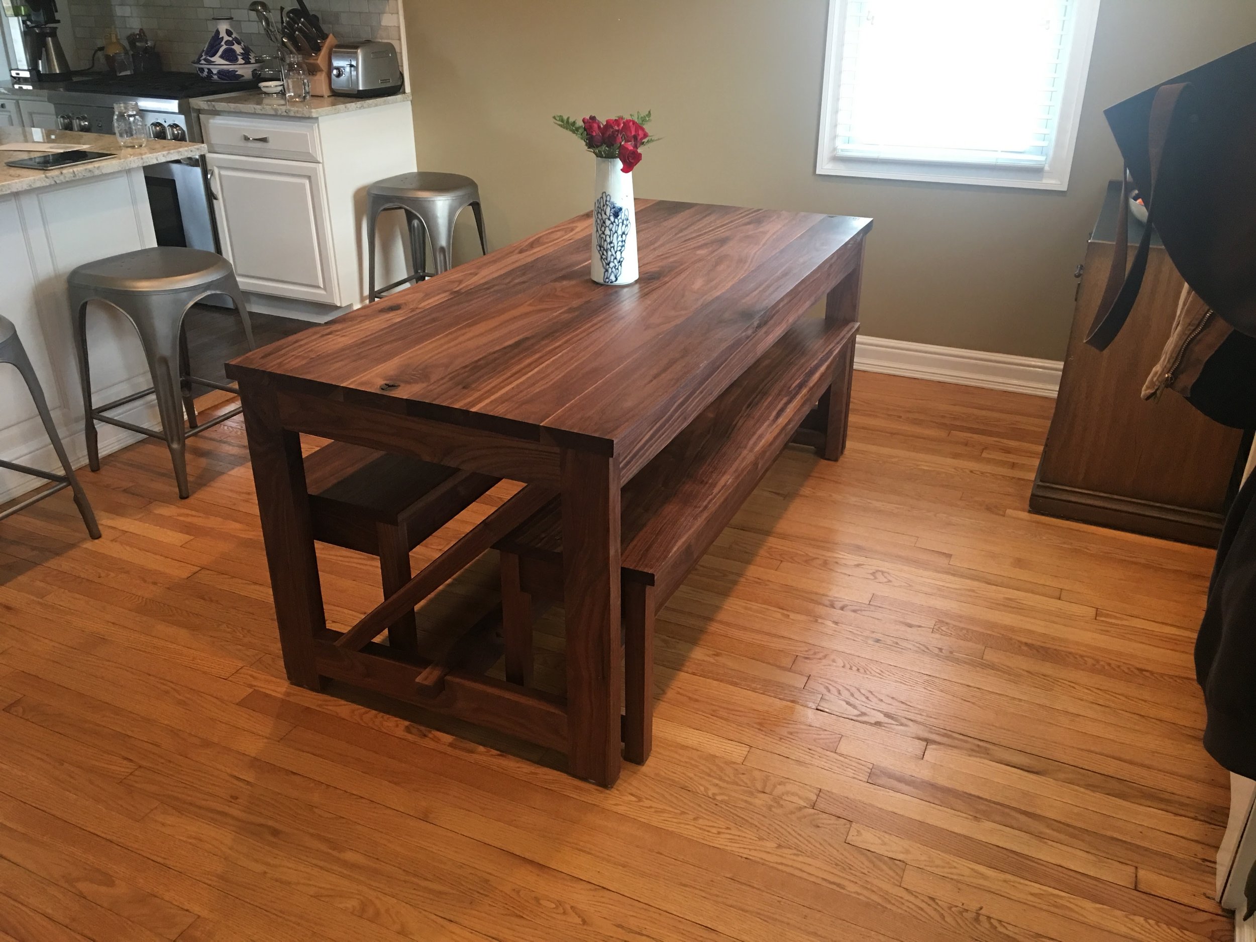 Wooden kitchen table and bench