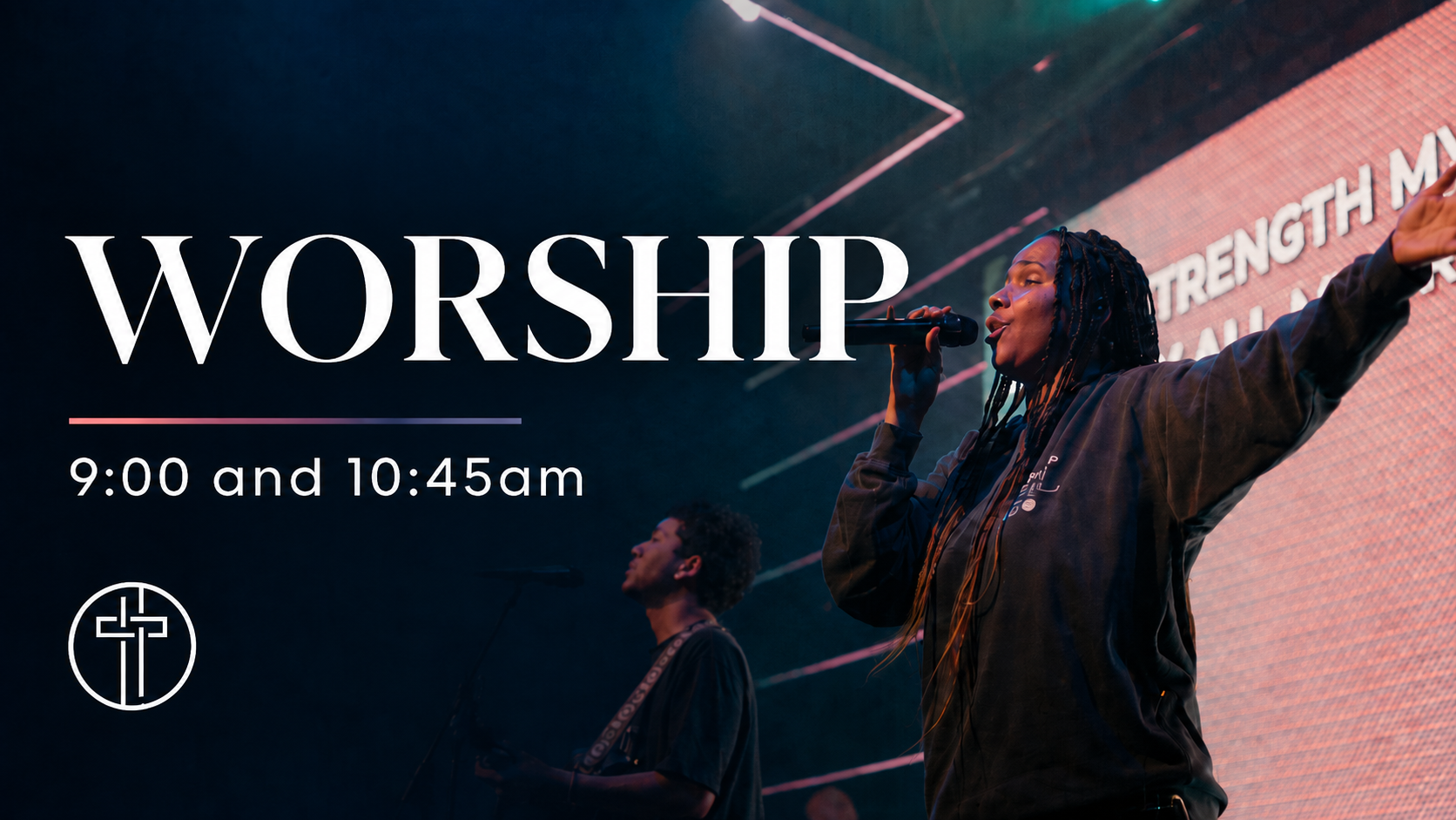 A woman with braided hair singing into a microphone with a man playing guitar behind her on stage during a contemporary worship event, with text indicating the event times and a cross logo.