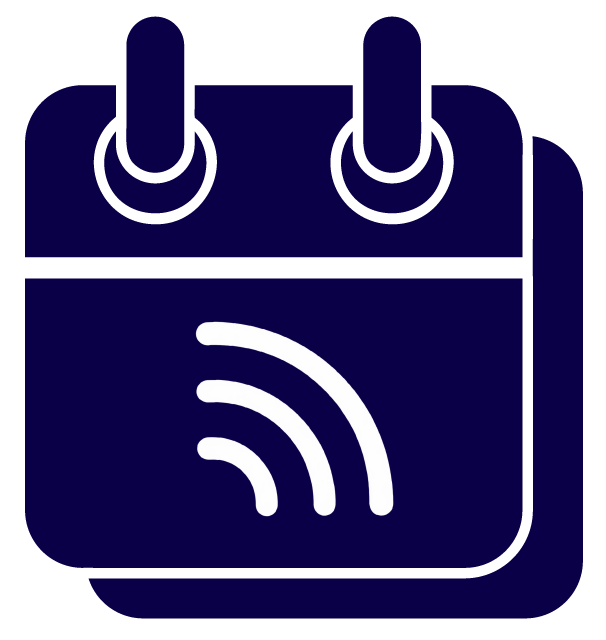 Icon of a calendar with wireless signal lines on it.