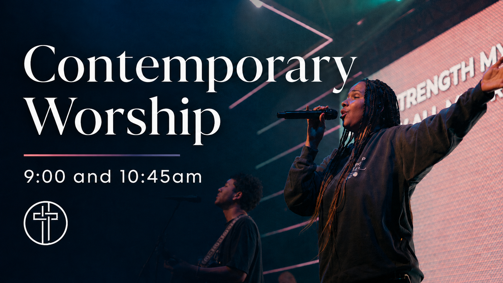 A woman with braided hair singing into a microphone with a man playing guitar behind her on stage during a contemporary worship event, with text indicating the event times and a cross logo.