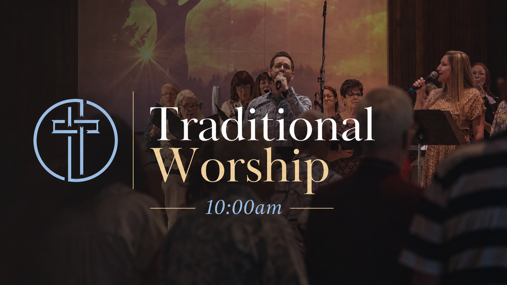 A group of people singing in a church choir, with a man holding a microphone and a woman singing into it. The background shows a projected image of trees and sunset. Superimposed text reads "Traditional Worship 10:00 am" with a church logo on the left.