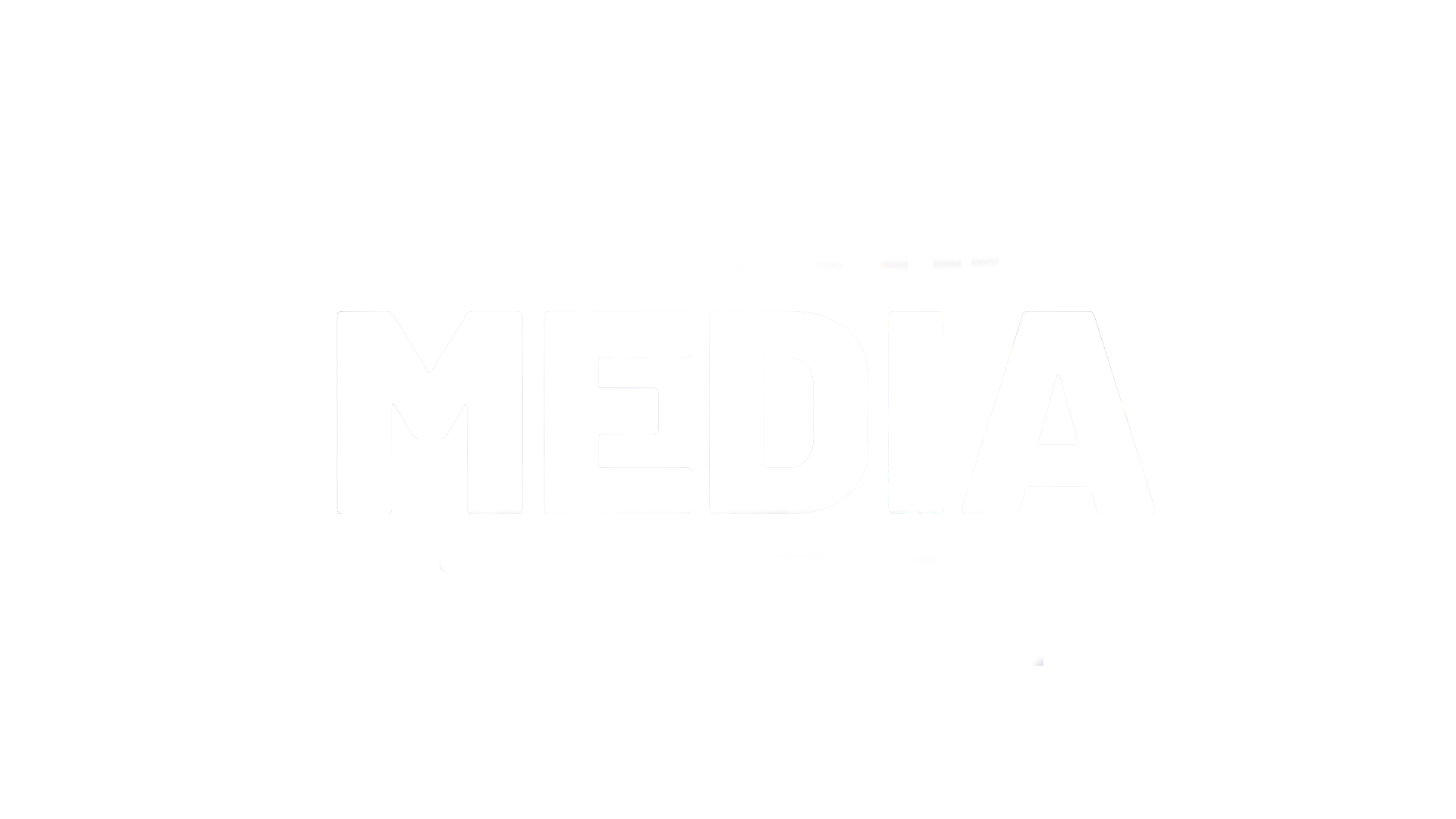 Distorted media logo with large white letters spelling 'MEDIA' and glitch effects.