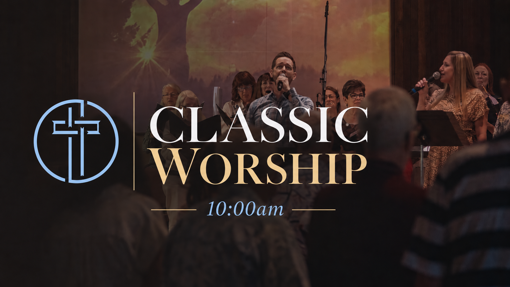 A group of people singing in a church choir, with a man holding a microphone and a woman singing into it. The background shows a projected image of trees and sunset. Superimposed text reads "Traditional Worship 10:00 am" with a church logo on the left.