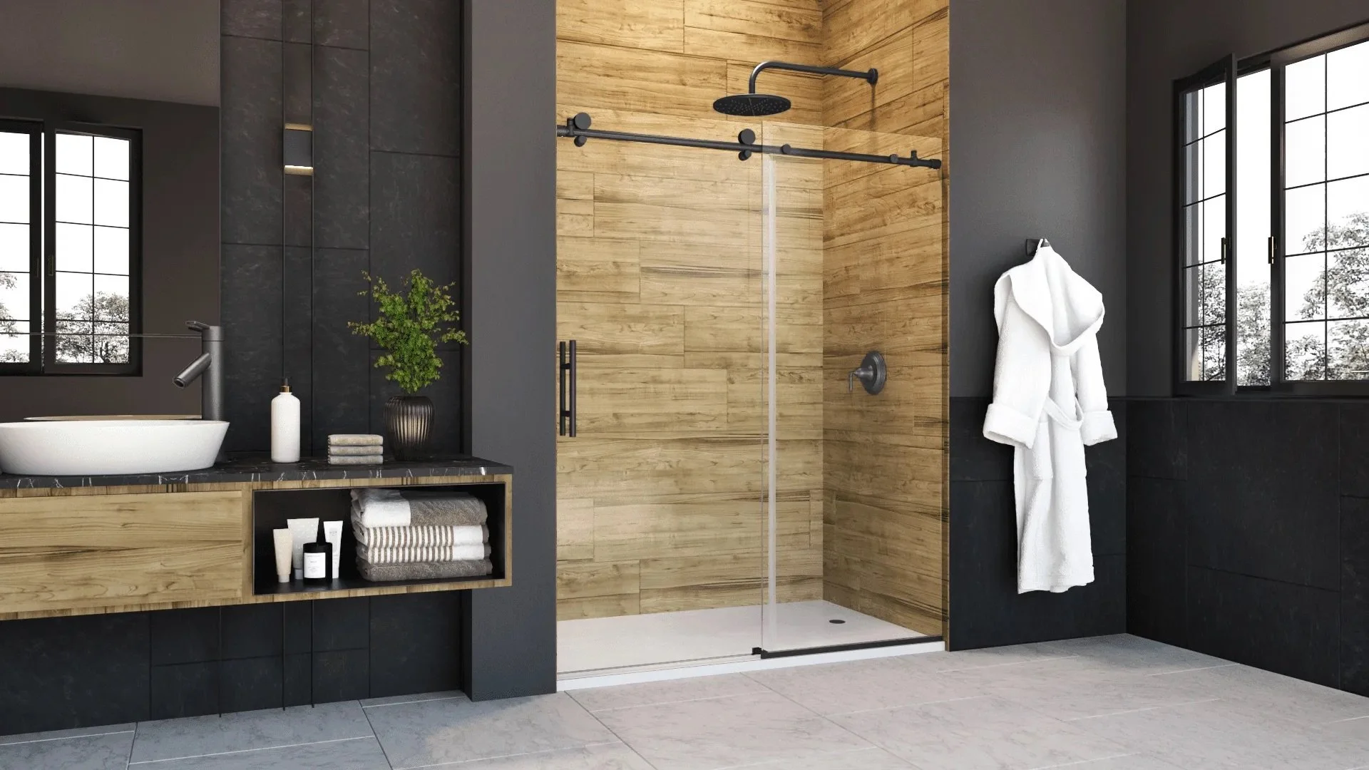 Modern bathroom with black and wood accents, featuring a walk-in shower with a black rain showerhead, a black curved glass divider, a vanity with a white vessel sink, a black faucet, a potted plant, towels, and a bathrobe hanging near a window.