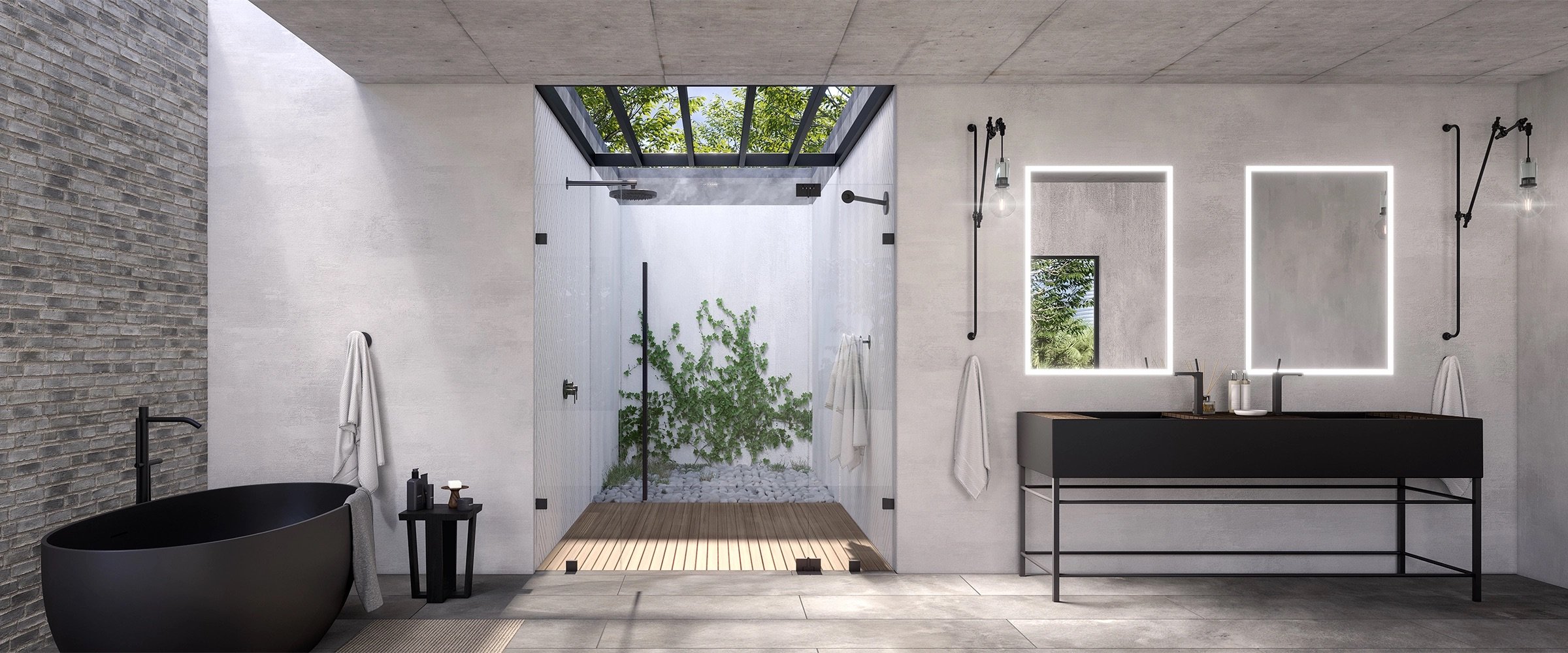 Modern bathroom with black bathtub, two white towels on wall hooks, small black table with toiletries, walk-in shower with glass doors and greenery outside, double vanity with backlit mirrors, industrial-style lighting fixtures, and neutral color palette.