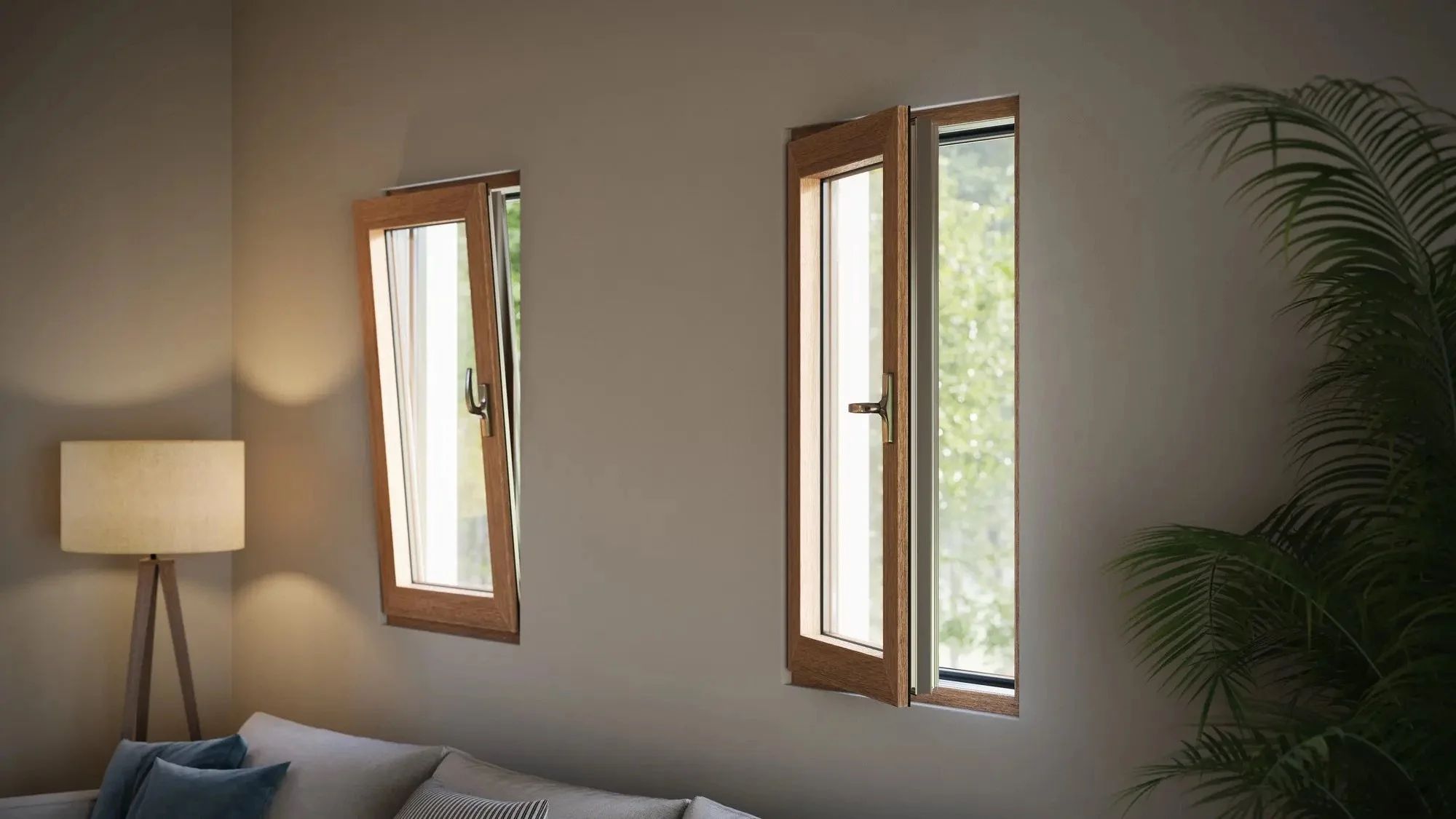 A living room with two open windows in the wall, a floor lamp, a sofa with cushions, and a large plant beside the wall.