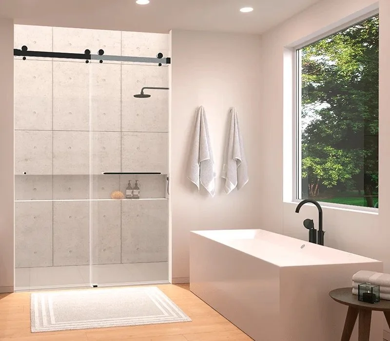 Modern bathroom with a large window, a rectangular bathtub, a walk-in shower with a sliding glass door, and two hanging towels.