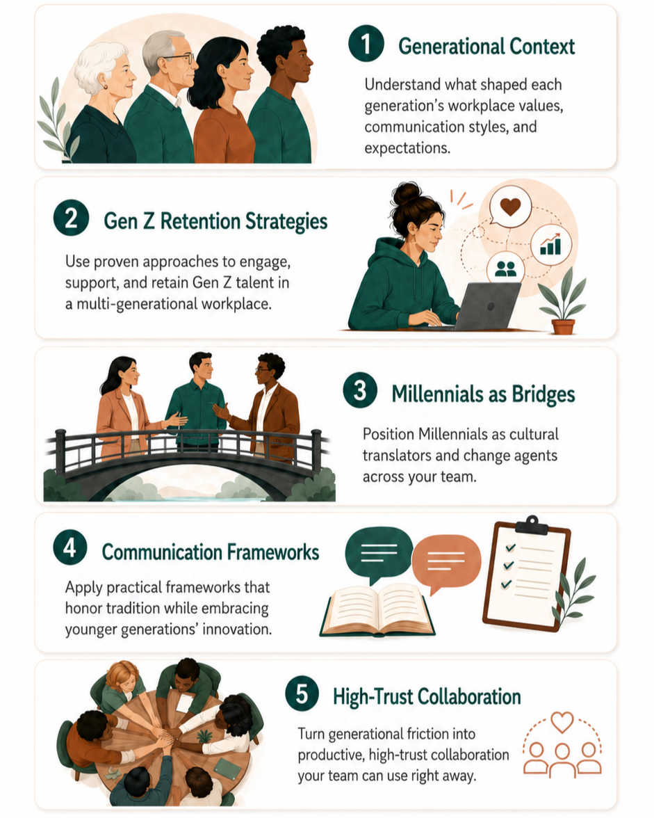 Infographic outlining five strategies for multi-generational workplace engagement, including generational context, Gen Z retention strategies, Millennials as bridges, communication frameworks, and high-trust collaboration, with illustrations of diverse people in workplace settings.