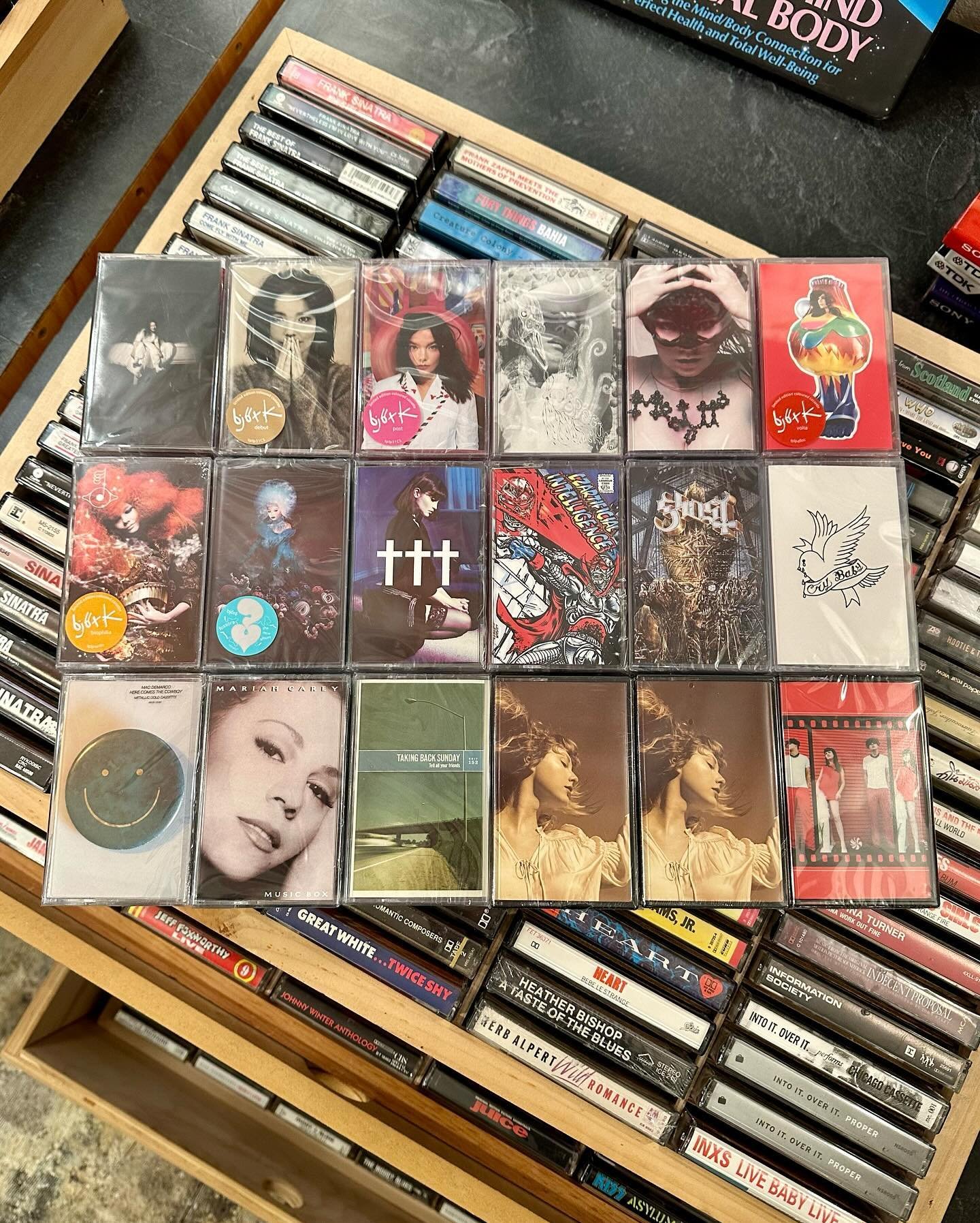 More new and used cassette tapes added to the shop this morning! We&rsquo;re open from 10-6 with live music starting at 4pm&mdash; join us for a special Sunday matinee show 🤘