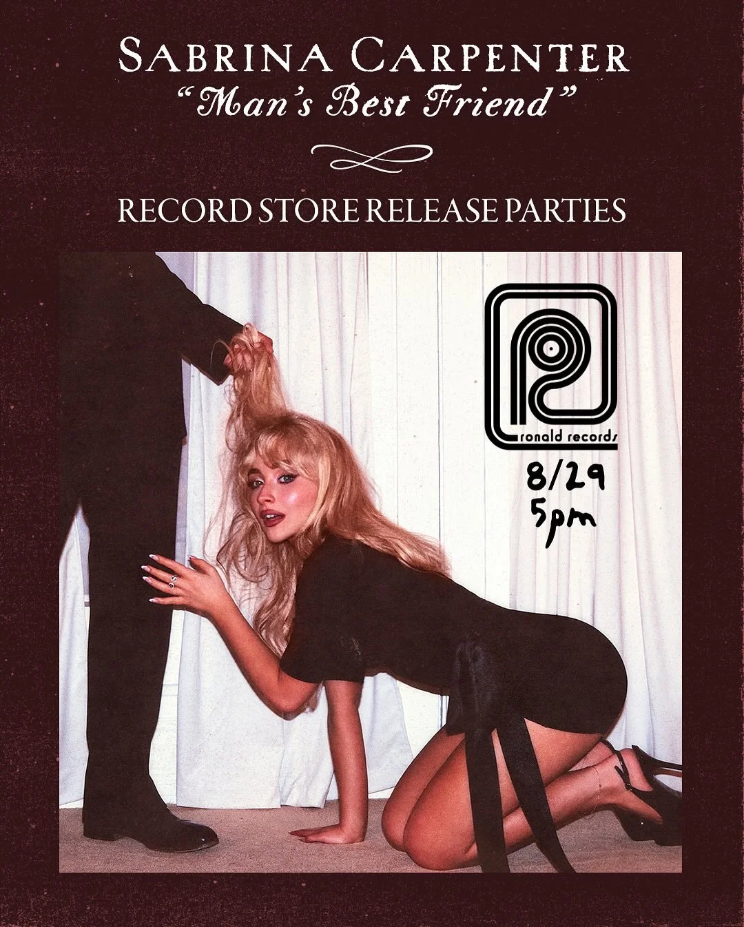 Sabrina party in the shop 💖 August 29th at 5pm&mdash; we&rsquo;re spinning &ldquo;Man&rsquo;s Best Friend&rdquo; and hooking everyone up with free giveaways!

@sabrinacarpenter #MansBestFriend #ListenToSabrinaCarpenter #ListenTogether