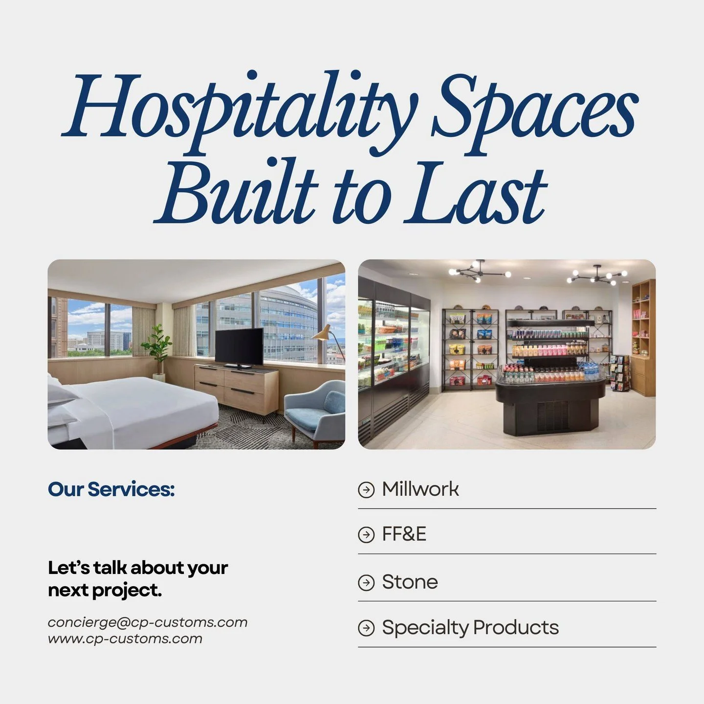 Crafting hospitality spaces that stand the test of time. From guestrooms to retail markets, our team delivers custom millwork, FF&amp;E, stone, and specialty products built with precision and care.

Let&rsquo;s talk about your next project!
.
.
.
#Ho
