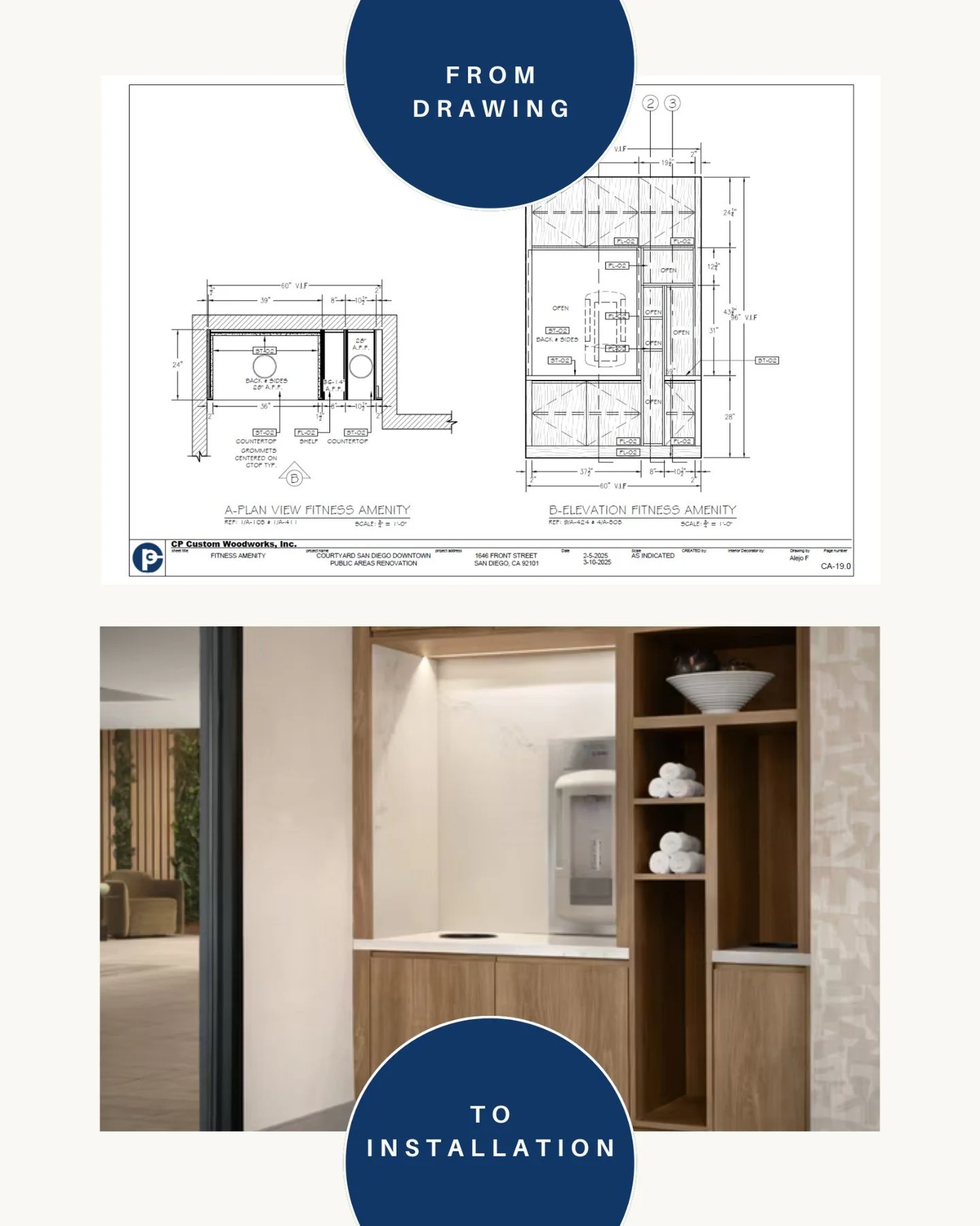 From drawing to installation.

Custom hydration station in the fitness center, designed for function and built for the guest experience.
.
.
.
#hospitalitydesign #custommillwork #millwork #fitnesscenter #hydrationstation #hoteldesign