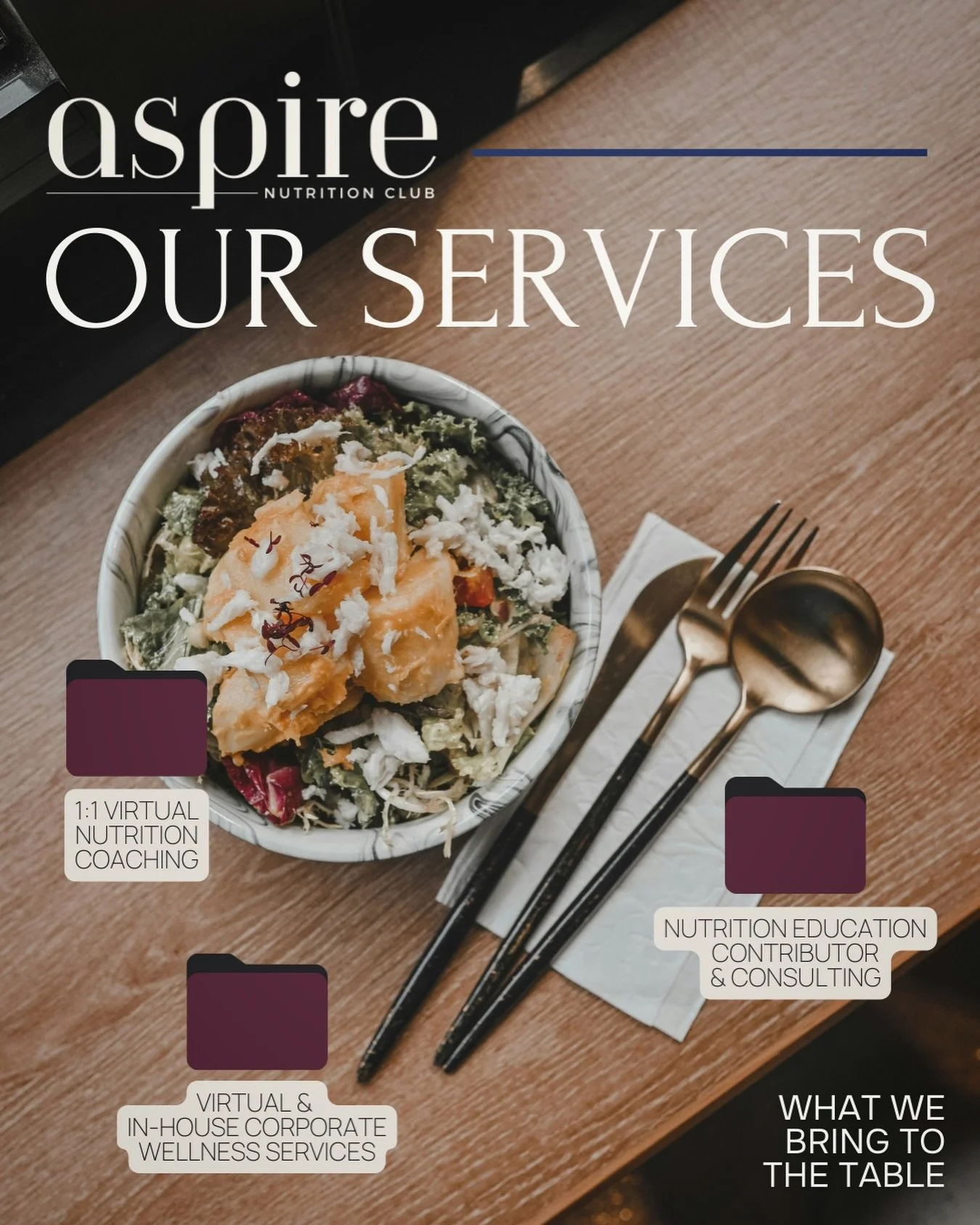 👩🏻&zwj;🍳🍴what we bring to the table&hellip;

at @aspire.nutrition.club there&rsquo;s no 1-size-fits-all when it comes to nutrition. we offer a wide-range of all-encompassing services for individuals, teams, classrooms, &amp; companies. 

in this 