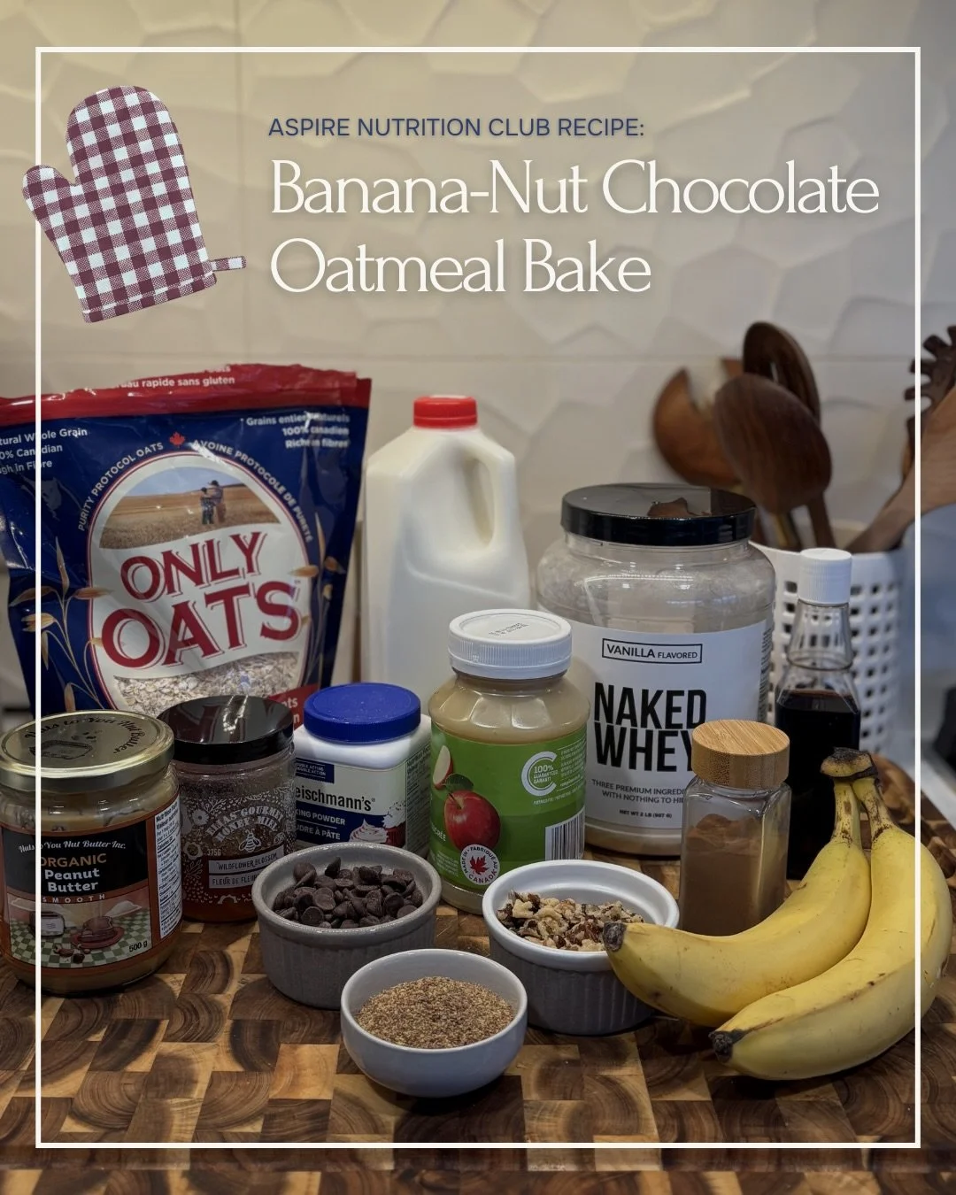new ANC recipe: banana-nut chocolate oatmeal bake 

1. set the oven to 375F &amp; lightly grease a medium-sized casserole dish 
2. in a medium mixing bowl combine: mashed bananas, milk, applesauce, peanut butter, flax, honey, &amp; vanilla extract. l