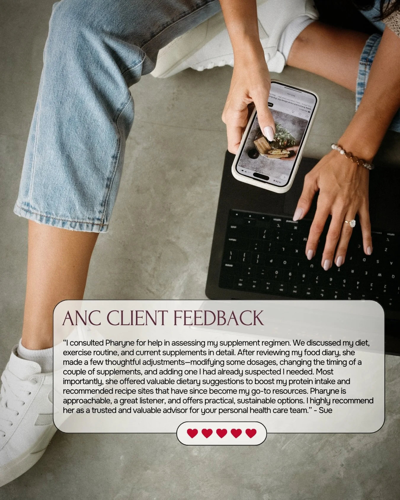 🫶 client feedback 🫶

this lovely client is a great example of someone who came to me looking for a nutrition tune-up, clarity &amp; confirmation of her current diet &amp; supplement regime. I worked 1:1 with this client for 3 consultations spread o