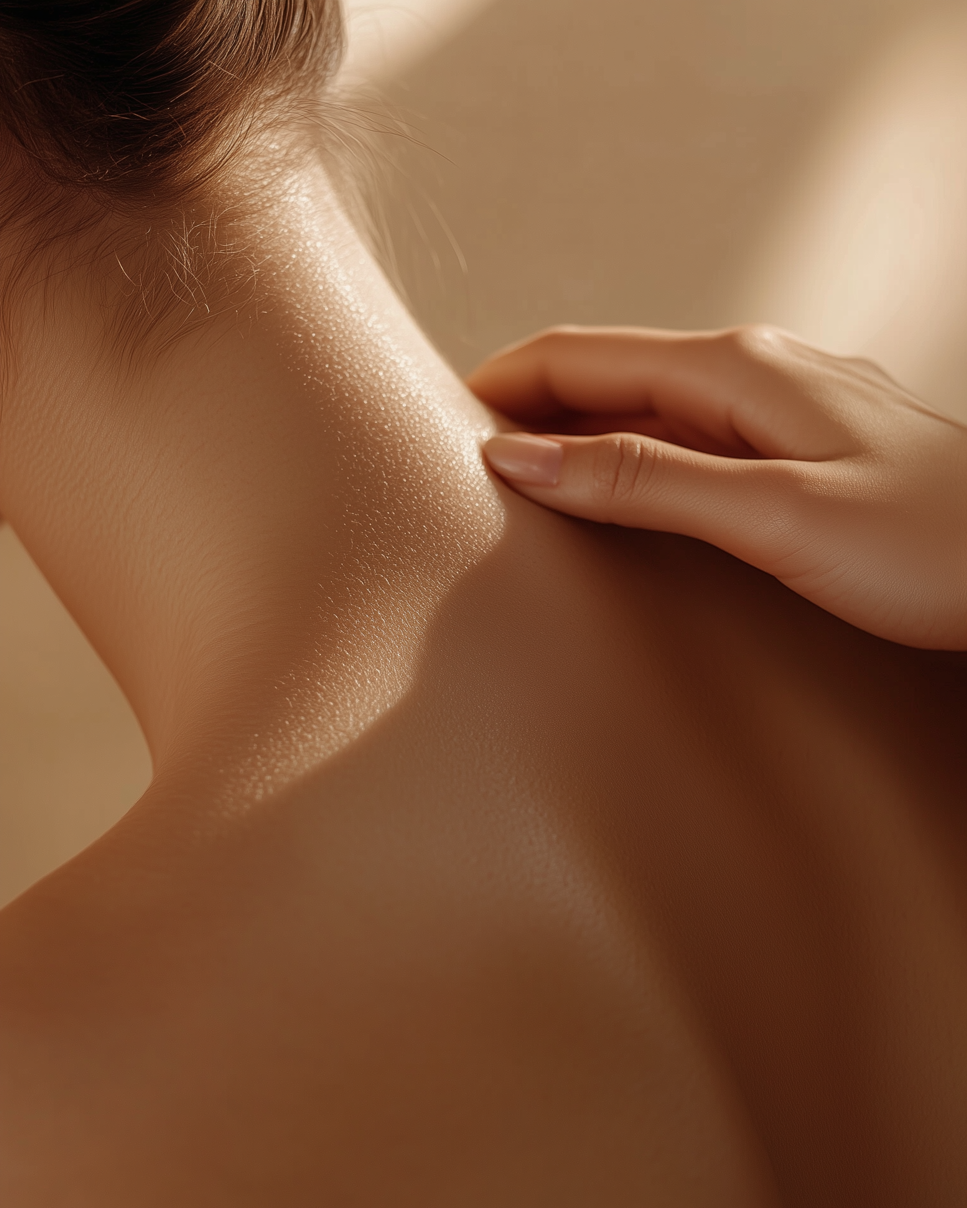 Close-up of a person's shoulder and hand, with soft lighting highlighting the skin texture and hair. The person is gently touching their shoulder with their fingers.