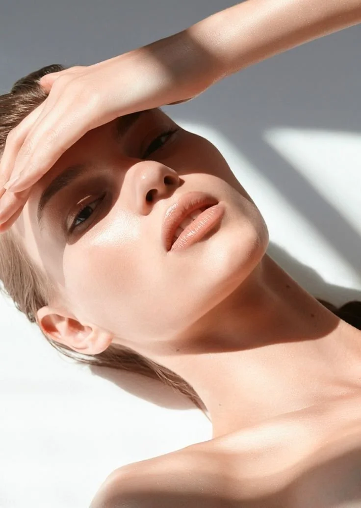 A close-up of a woman with fair skin and short light brown hair, holding her hand over her forehead while looking at the camera, illuminated by bright sunlight.