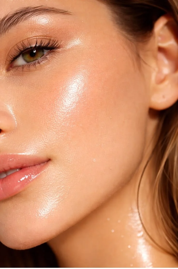 Close-up of a woman's face showing her eye, cheek, and lips with glowing, smooth skin.