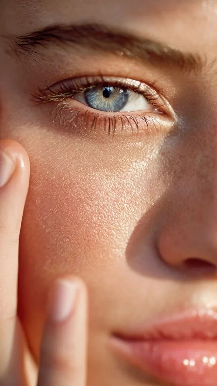 Close-up of a person's face focusing on the eye, with visible eyelashes, eyebrow, and part of the nose and lips, showing detailed skin texture and natural lighting.