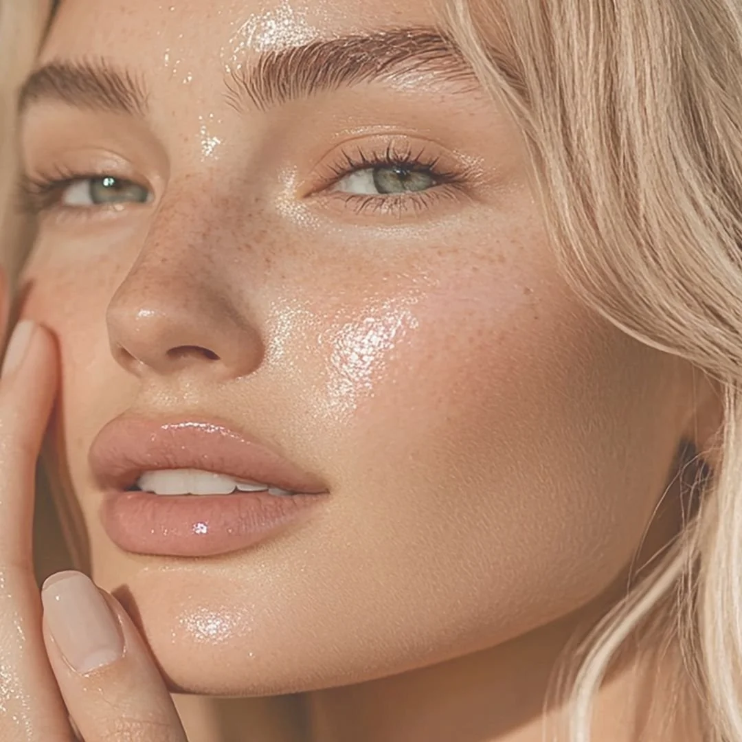 Close-up of a woman's face with glowing skin, freckles, light makeup, and blonde hair.