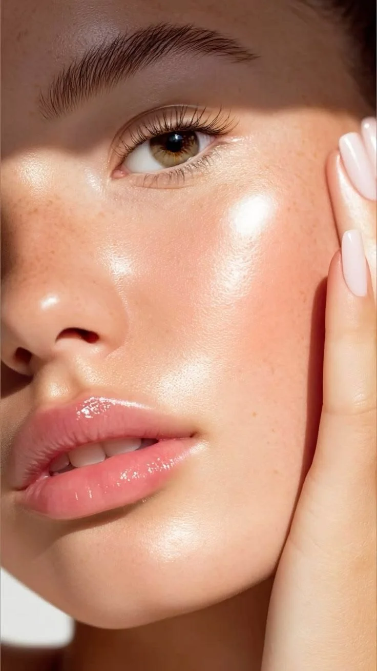 Close-up of a woman's face showing her eye, nose, lips, and finger touching her cheek, with smooth, glowing skin.