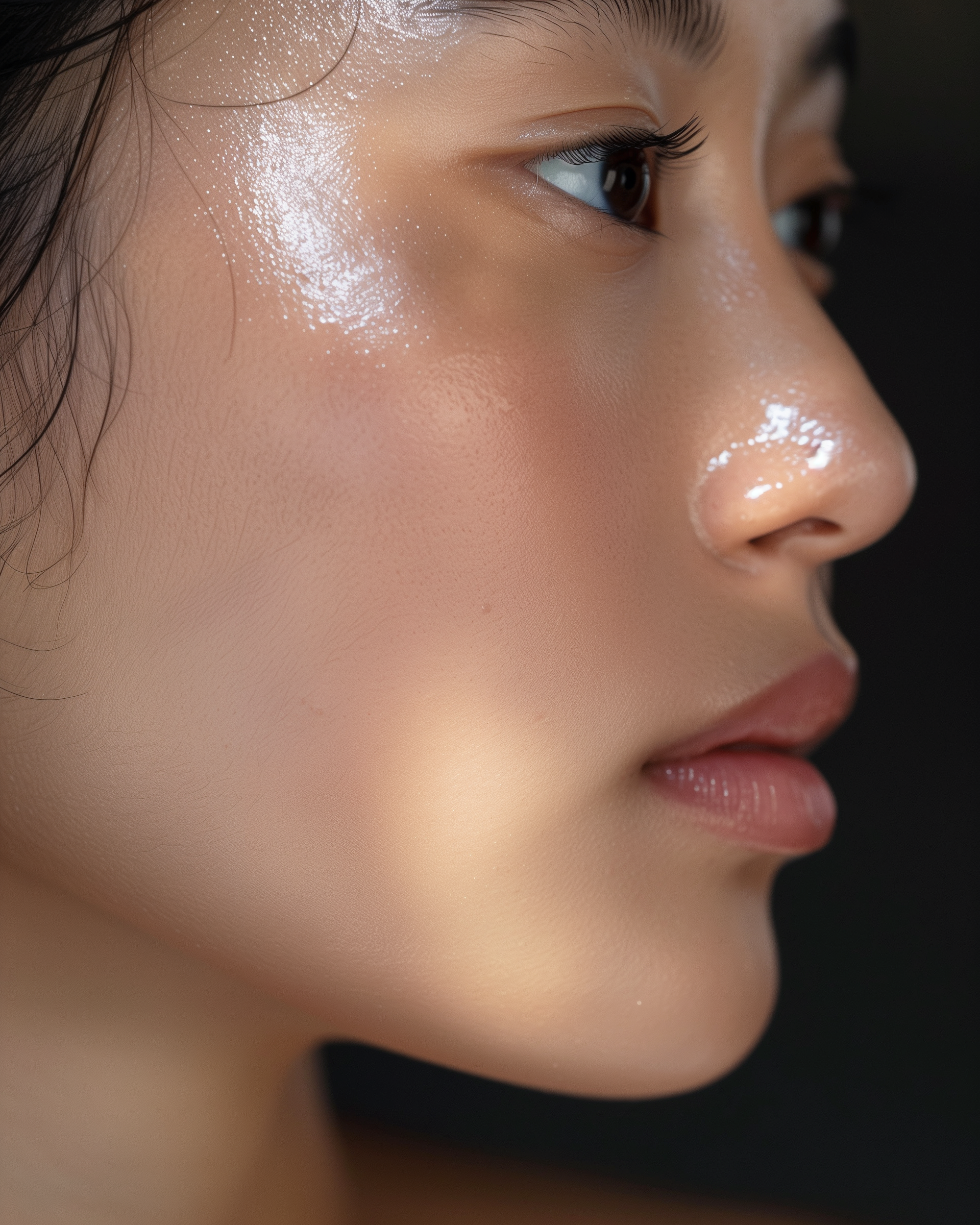 Close-up of a person's face focusing on the left eye, with smooth skin, long eyelashes, and some shiny spots on the cheekbone and nose. The background is black.