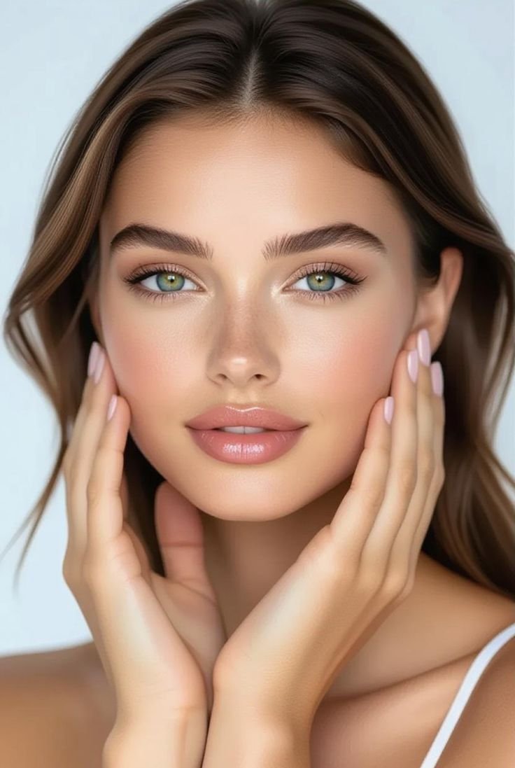 Close-up portrait of a young woman with clear skin, green eyes, and light makeup, gently holding her face with her hands.