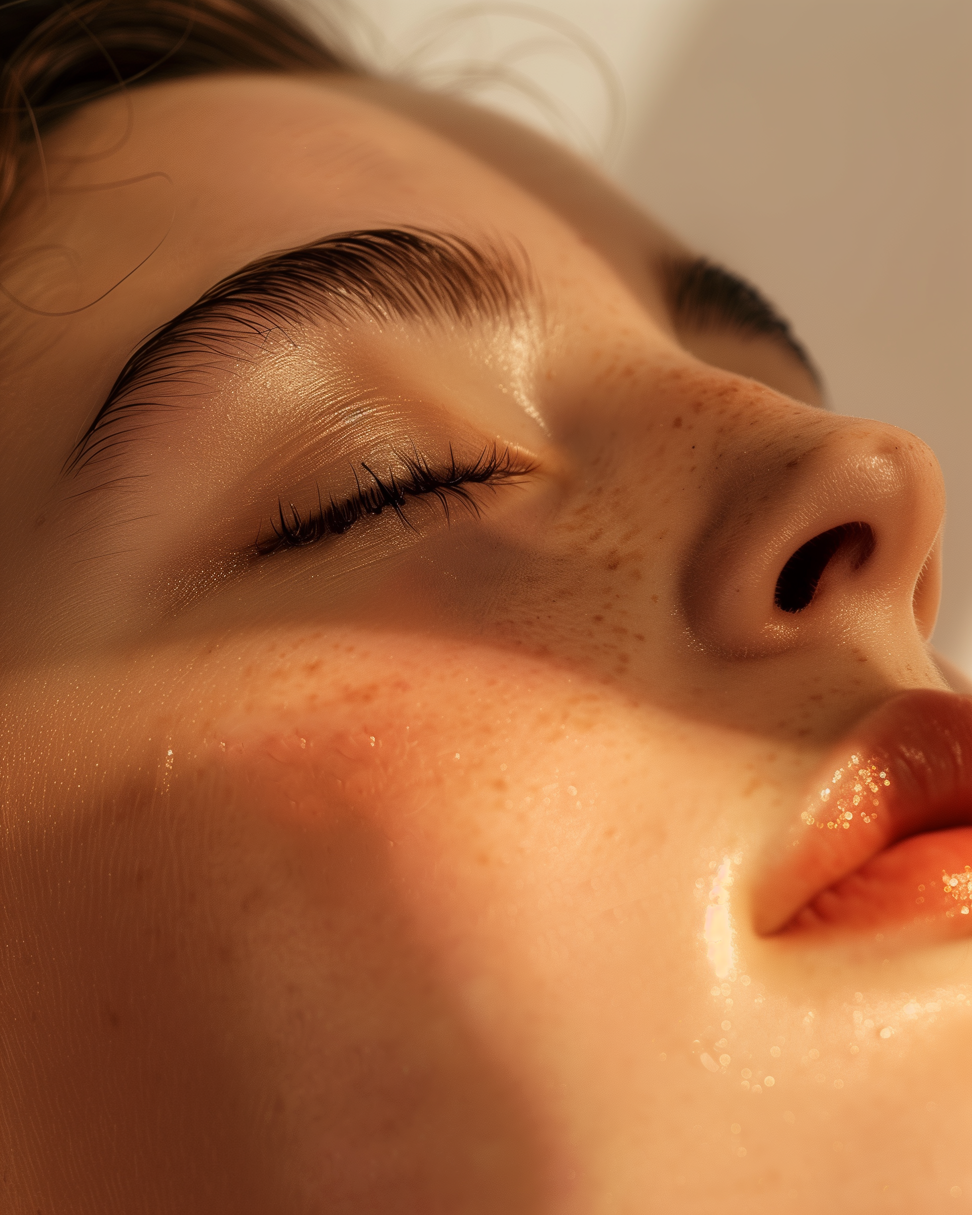 Close-up image of a person's closed eye, eyebrow, and part of the nose, with soft lighting and visible skin texture.