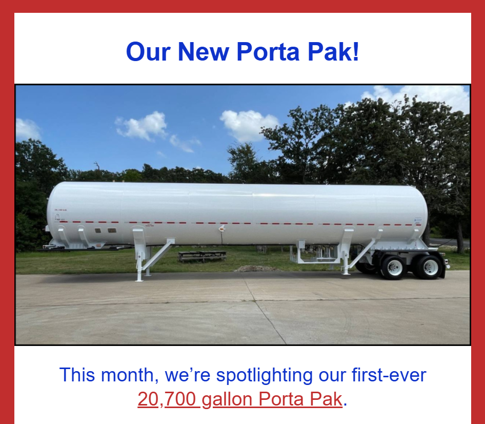 White 20,700-gallon Porta Pak tank trailer parked on a concrete surface with trees and a blue sky in the background, featured on a promotional flyer titled 'Our New Porta Pak!'
