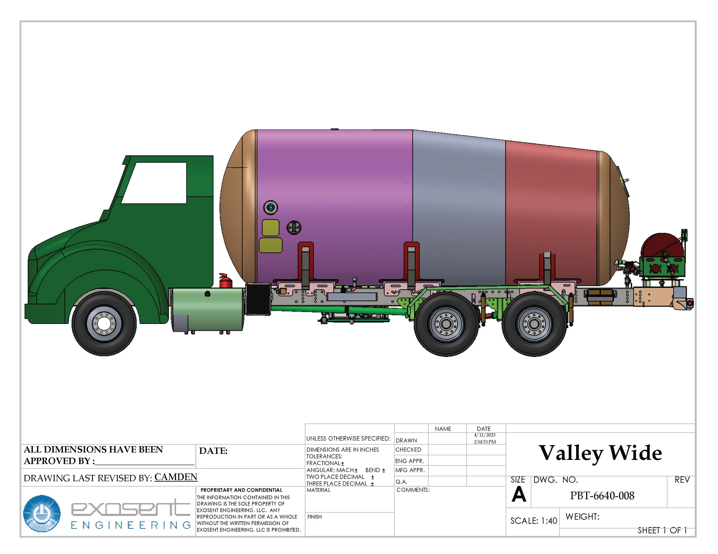 Technical drawing of a large tanker truck with a green cab and a colorful tank, labeled "Valley Wide," with detailed specifications and engineering notes.