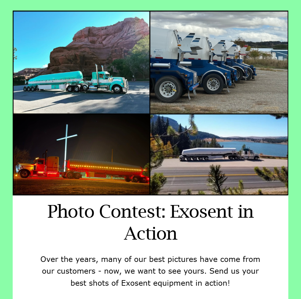 A collage of four images showing different Exosent equipment transportation and setup, including a tanker truck, multiple tanker trucks, a vehicle with a cross and lights at night, and a tanker truck on a scenic road by a lake.