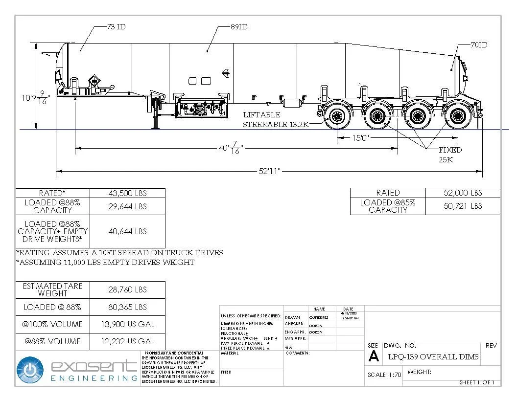 Technical drawing of a semi-truck trailer with detailed measurements and specifications, including dimensions, weight capacity, and design features.