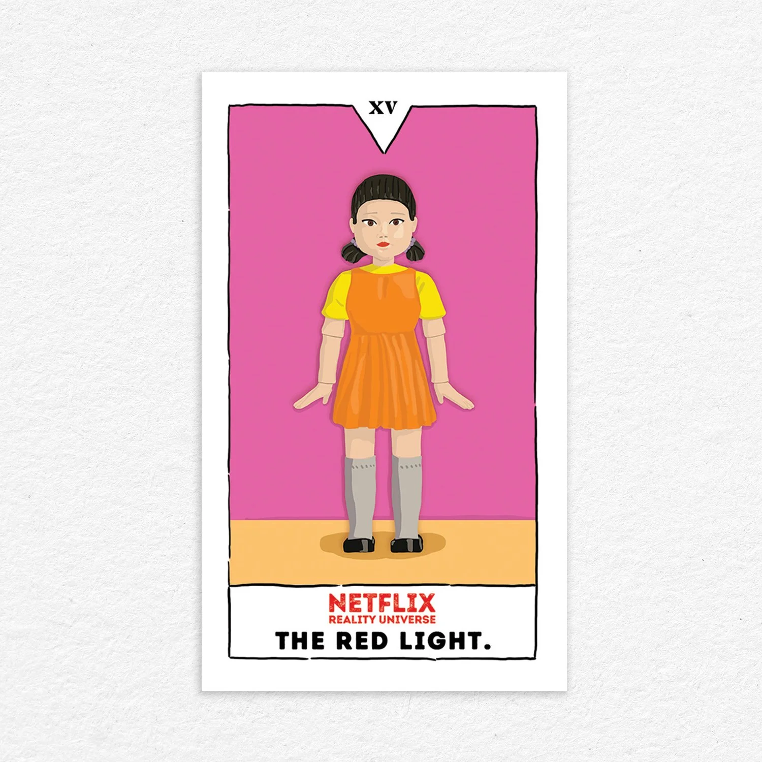 Illustration of a young girl with black hair in pigtails, wearing a colorful dress, standing against a pink background. Text at the bottom reads 'NETFLIX REALITY UNIVERSE THE RED LIGHT.'