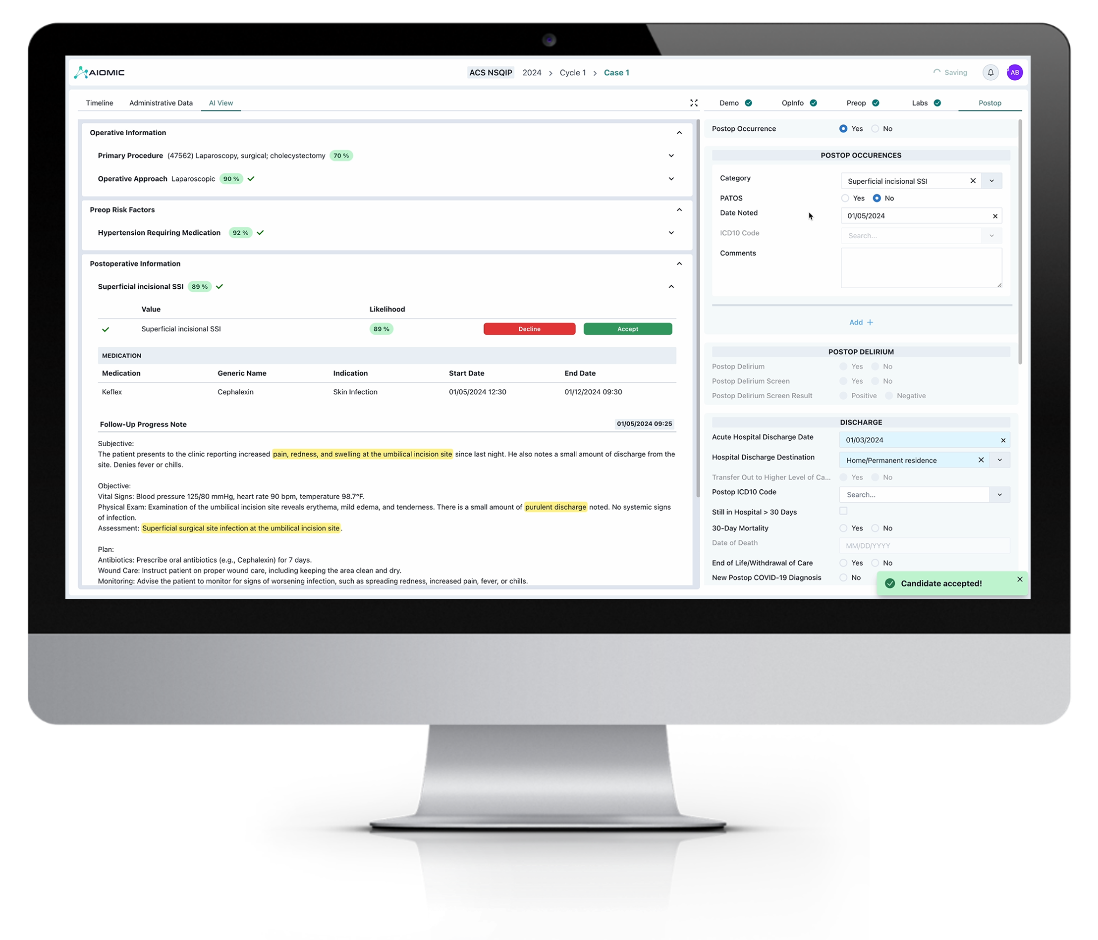 Computer screen displaying a medical case management software interface with operative information, progress notes, medication, discharge details, and post-op occurrence data.