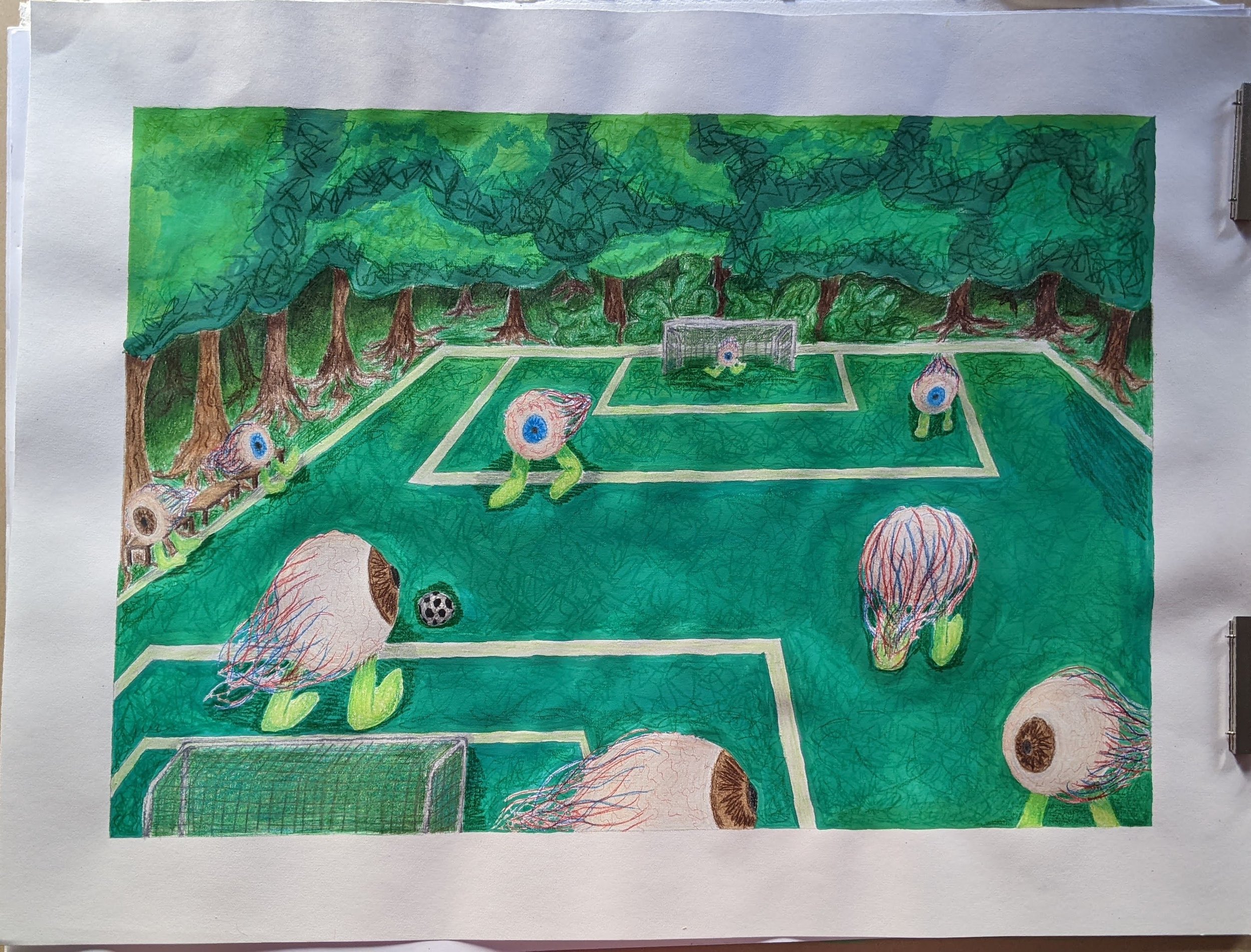 "Soccer With The Boys", Gouache paint and colored pencil, 2022