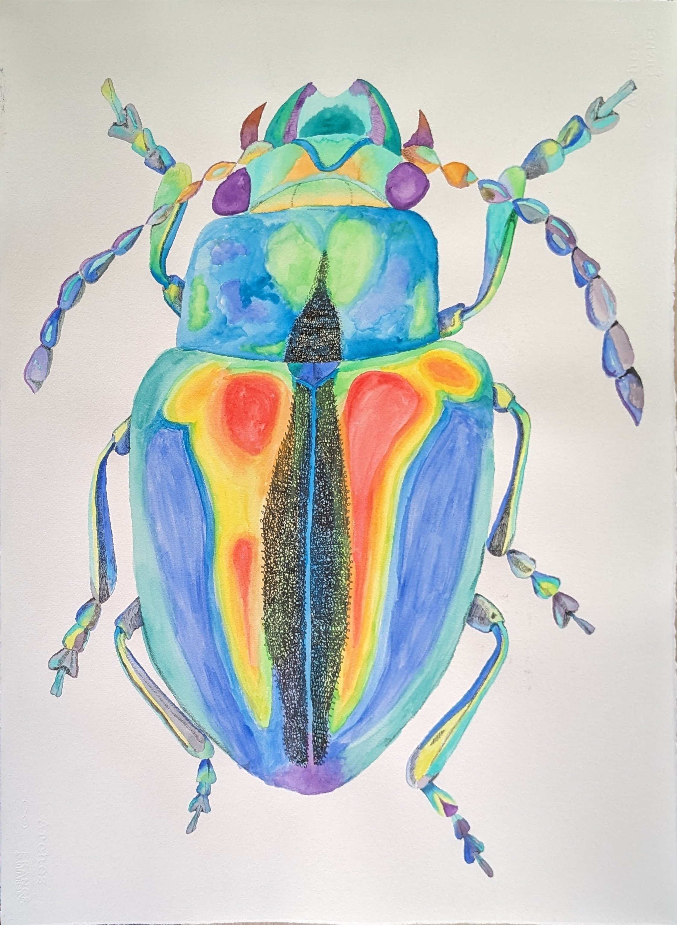 "Beetle", Watercolor paint and ink, 2021