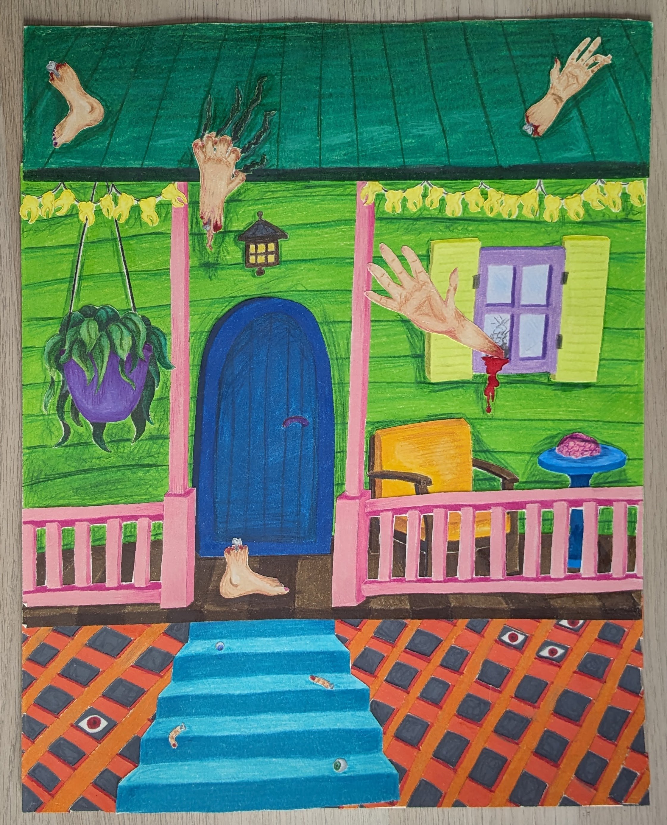 "Monster House", Colored pencil collage, 2023