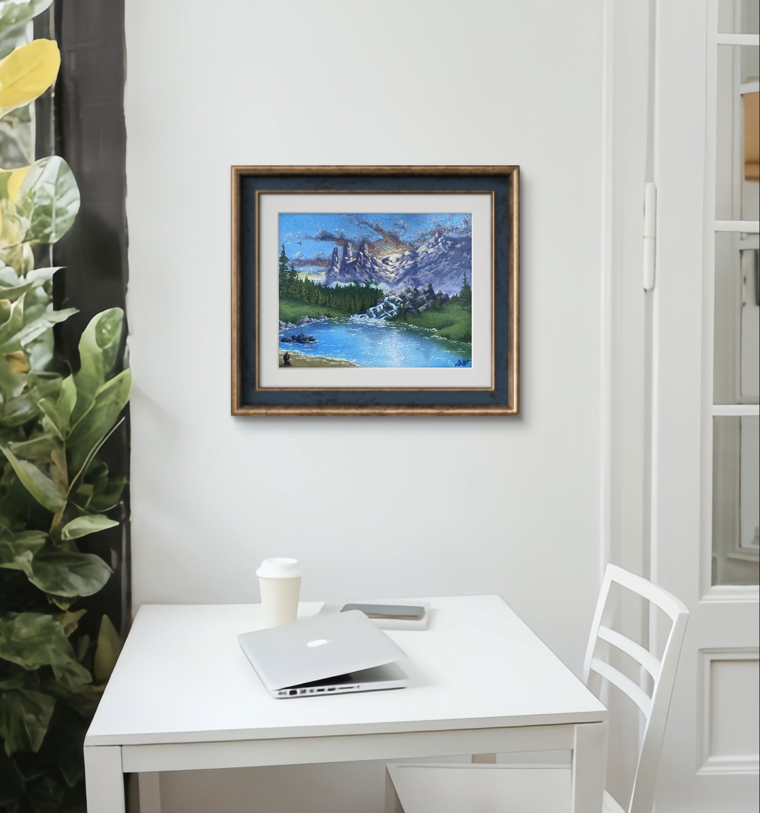 Art Print of Mountain Landscape Painting Hanging in a coffee shop