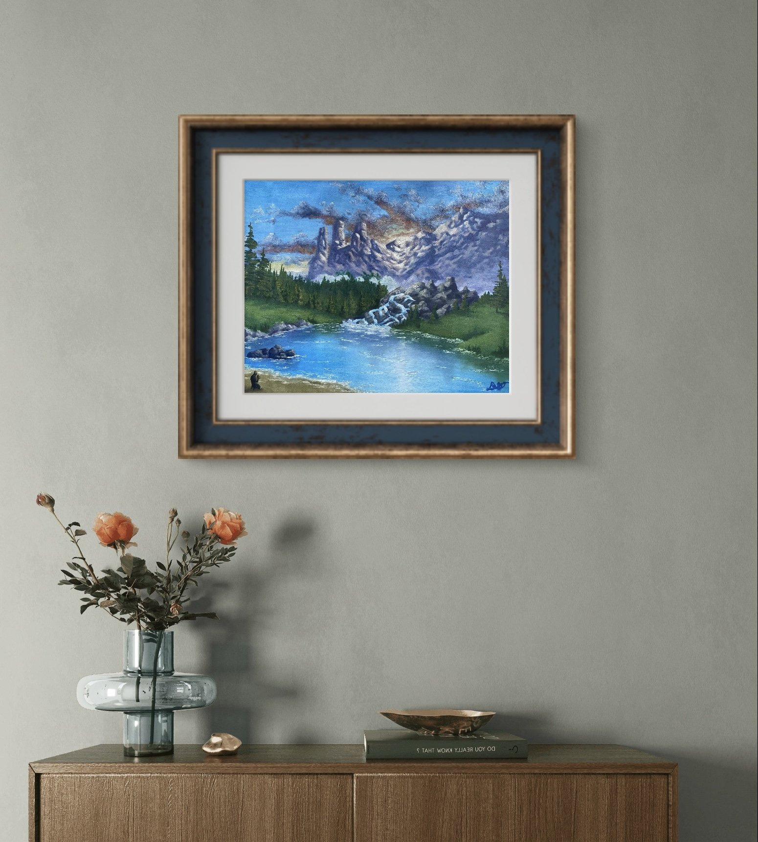 Art Print of Mountain Landscape Painting over some flowers hanging in a house