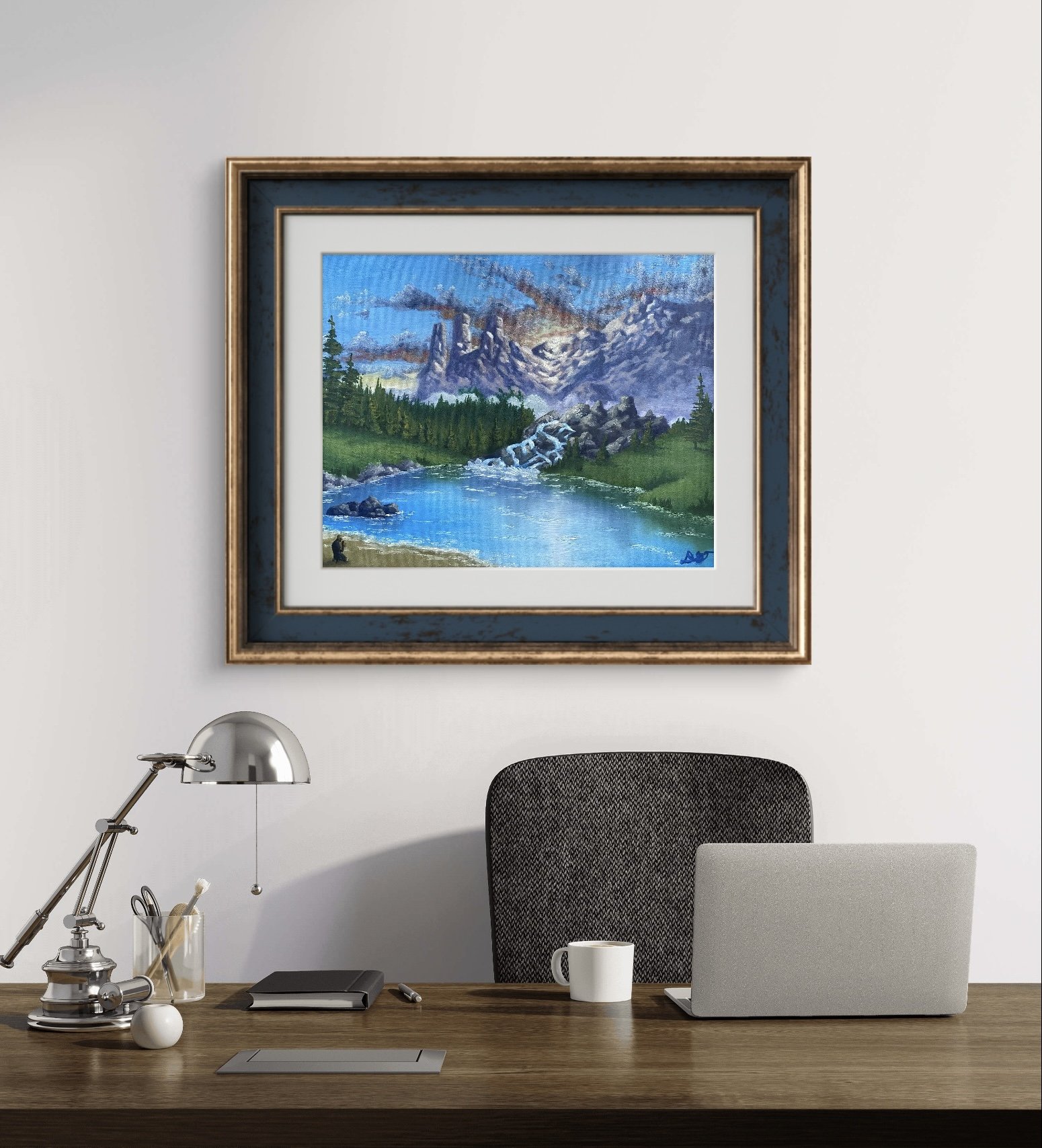 Art Print of Humility Mountain Landscape Painting Framed over desk in an office