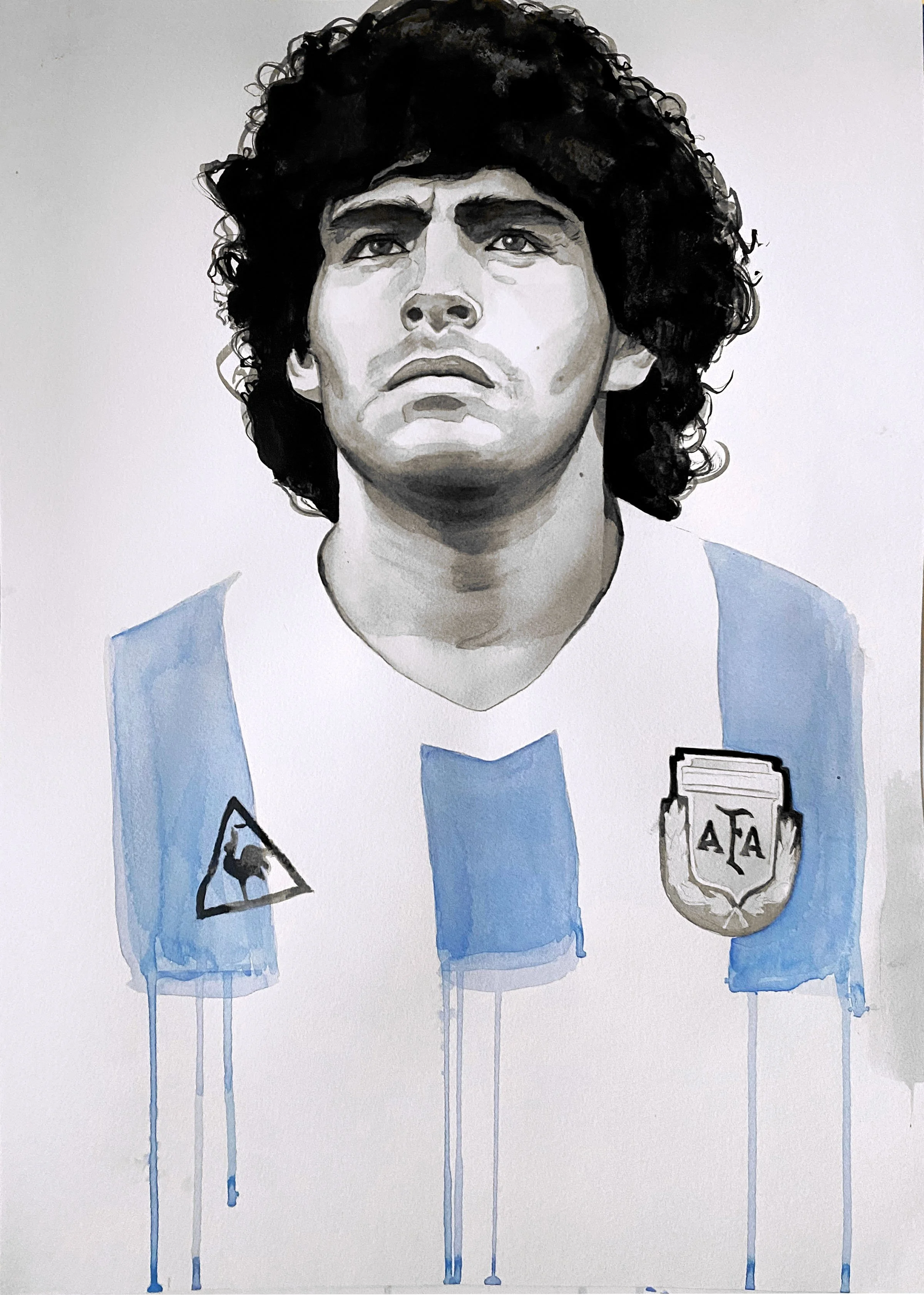 Diego Armando Maradona. 2024. Ink/Watercolors on Paper - 30" x 40"