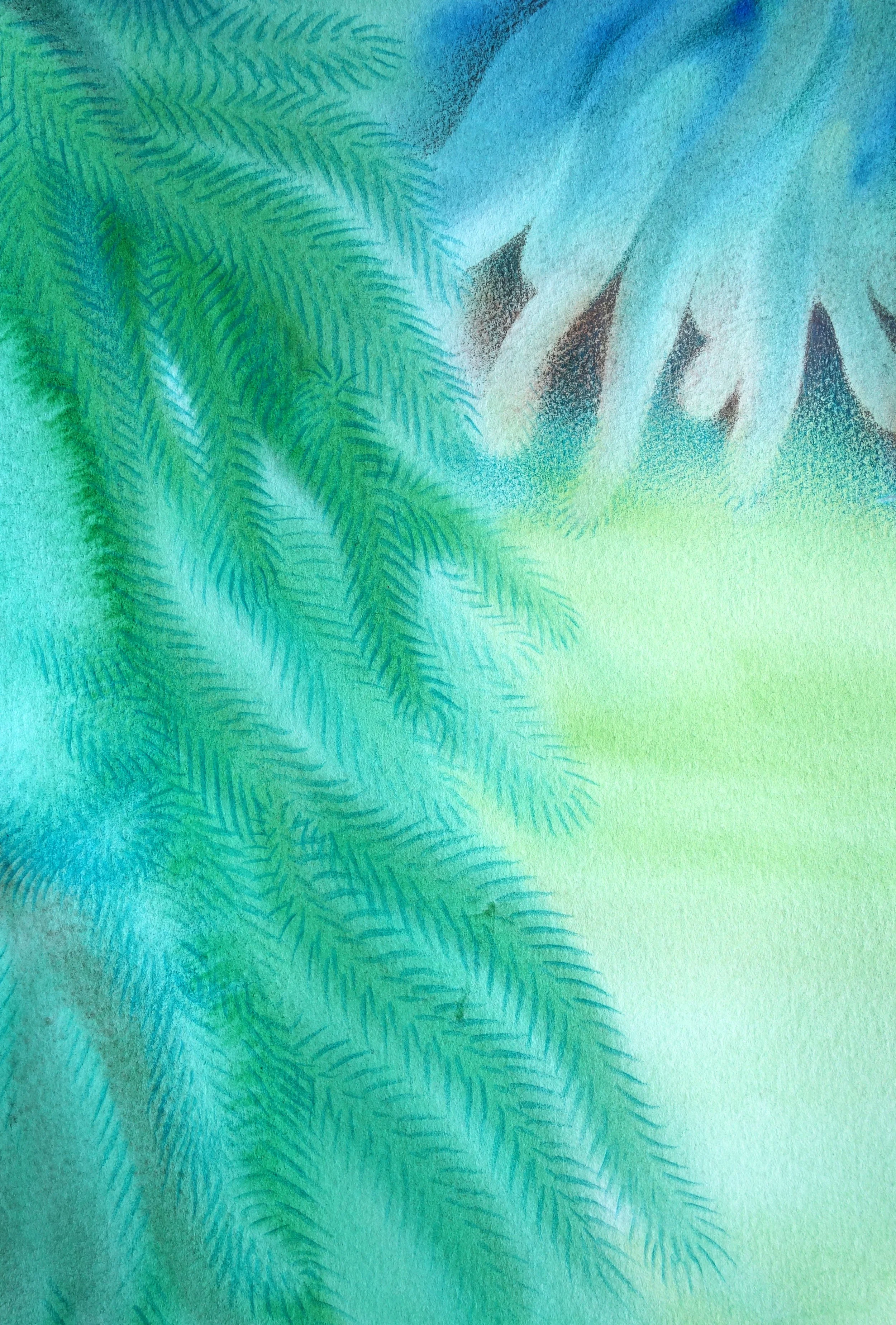 Watercolor painting of green fern leaves and parts of larger green and blue leaves.